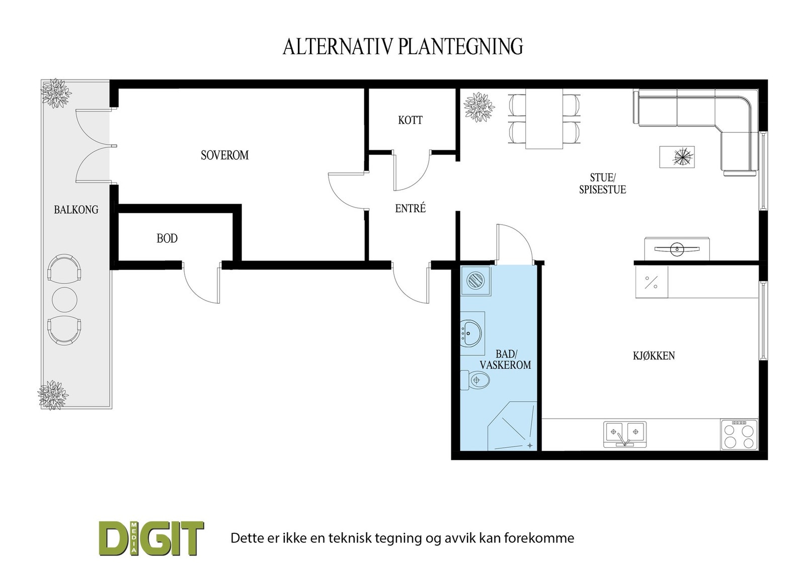 Alternativ plantegning.
Mrk. at boden ved kjøkkenet er del av fellesarealet men disponeres av denne leiligheten. Galleribilde