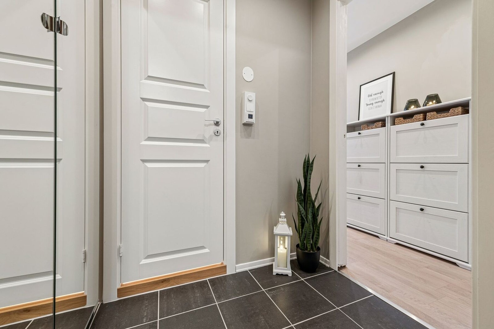 Gangen mot stuen byr på plass til ytterligere møblement, og to praktiske skoskap følger med. Galleribilde