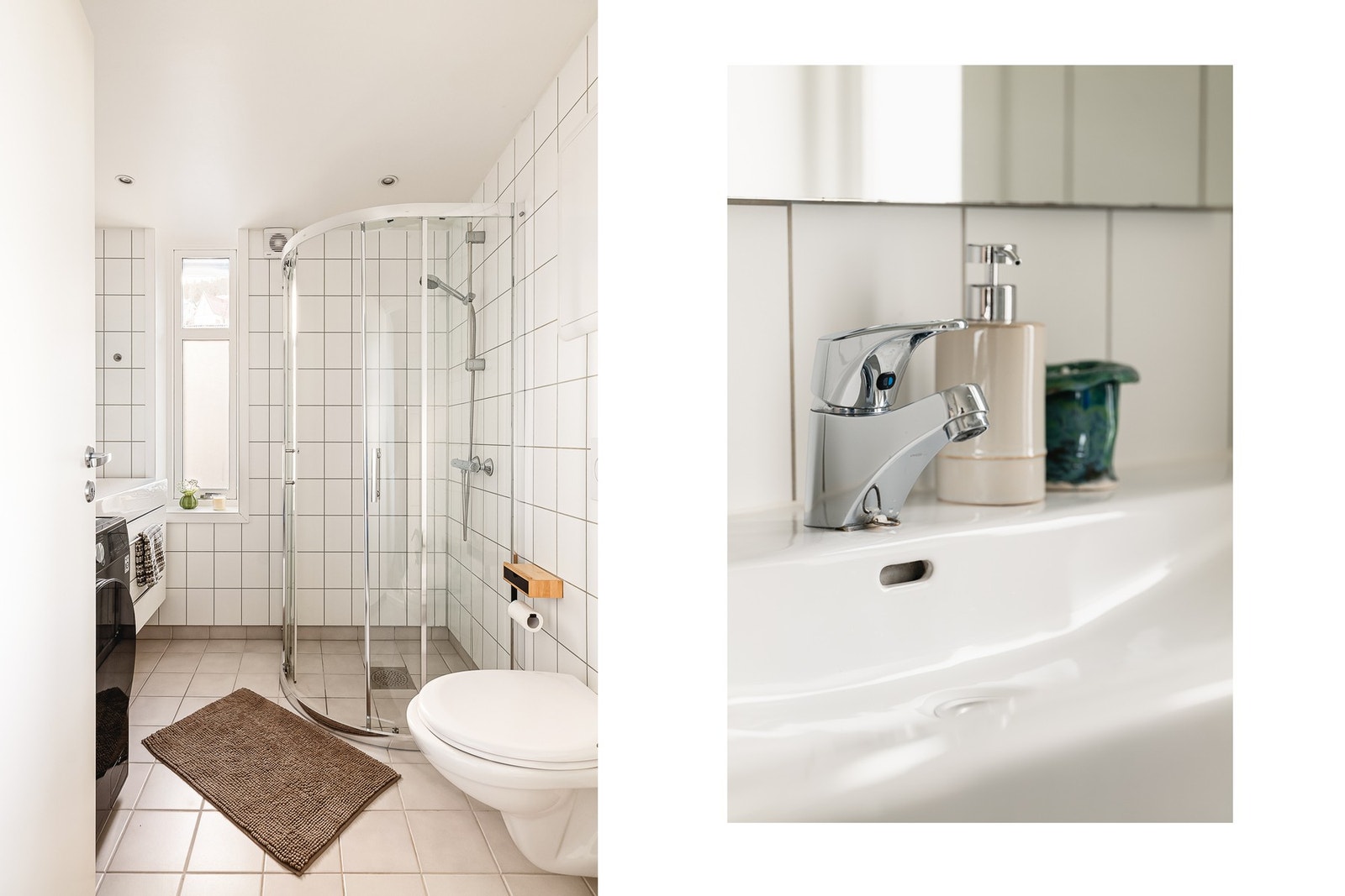 Badet er flislagt med varme i gulv og har opplegg for vaskemaskin Galleribilde