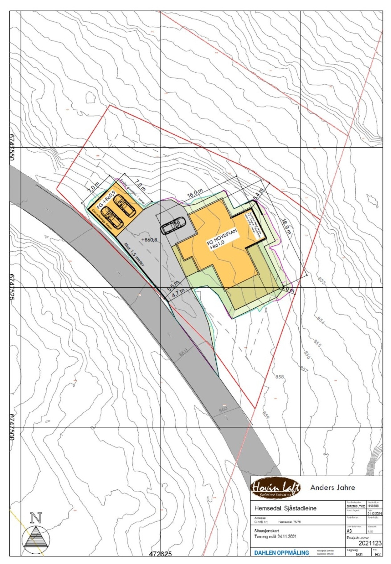 Situasjonskart som viser eksempel på plassering av hytte med garasje. Galleribilde