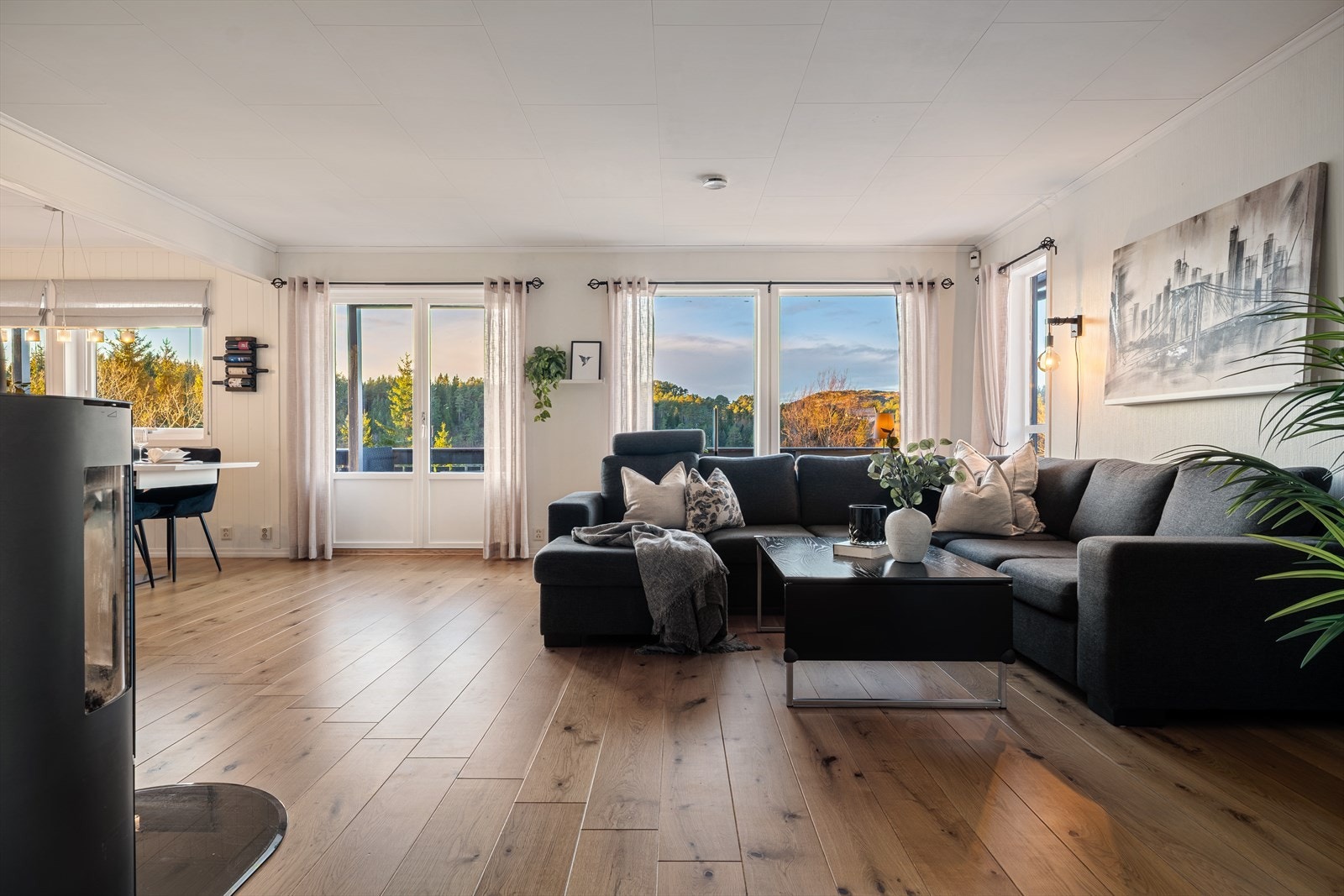 Store vindusflater mot vest gir rikelig med dagslys og utsikt mot den vakre naturen rundt. Galleribilde