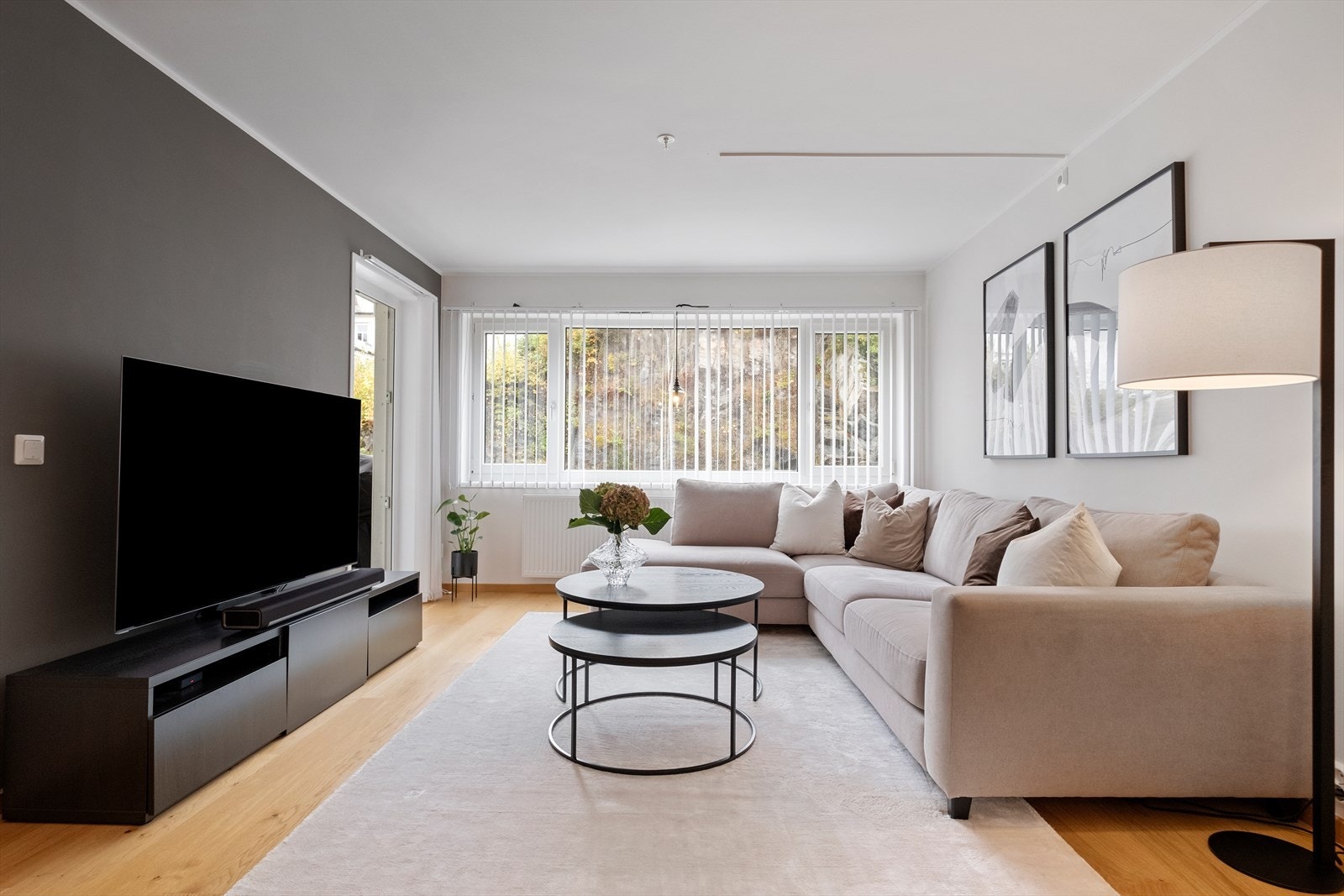 Stuen har en TV-benk med plass til underholdningsutstyr. Galleribilde