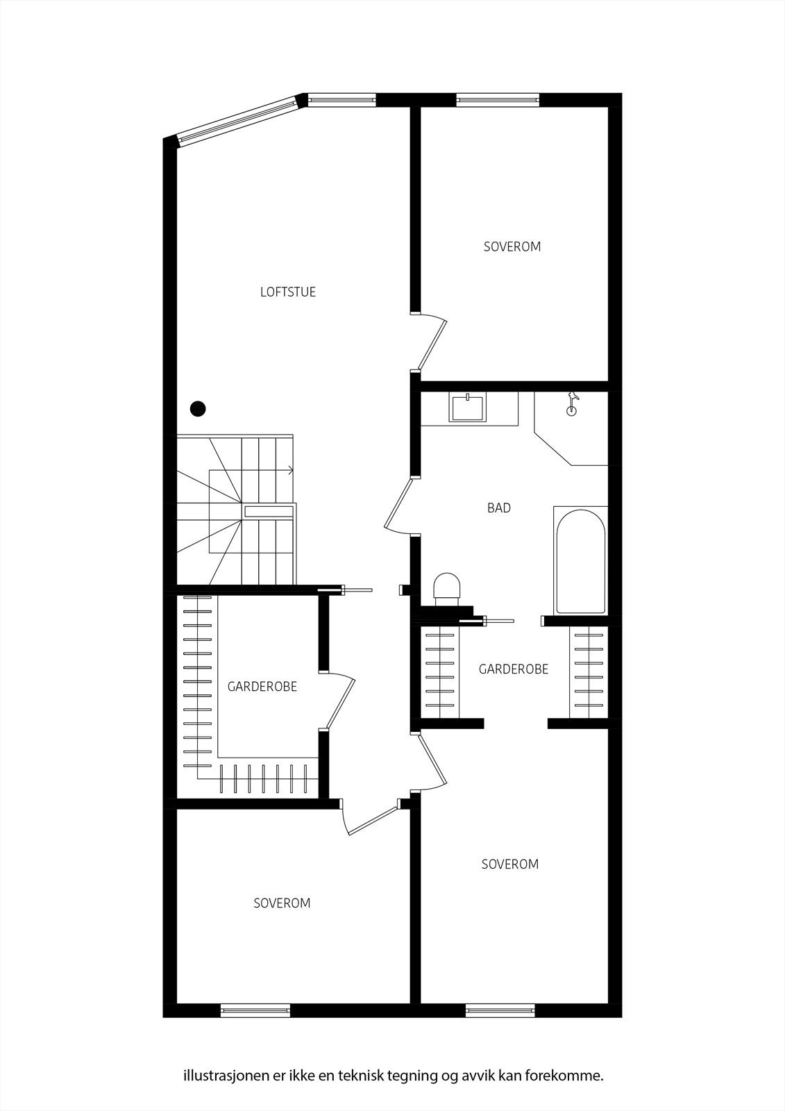 Komplett familietasje oppe. Flott foreldre suite, rikelig m/garderobe og glimrende ekstra stue. Galleribilde