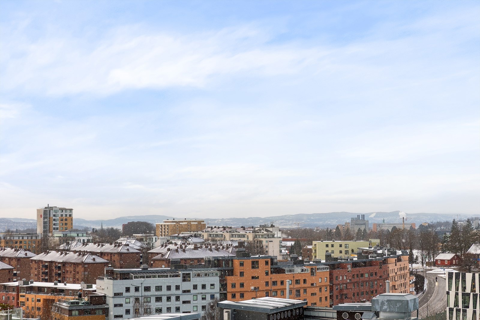 Fra balkongen har man en flott utsikt over bybildet, med fjordgløtt i horisonten og gode solforhold. Galleribilde