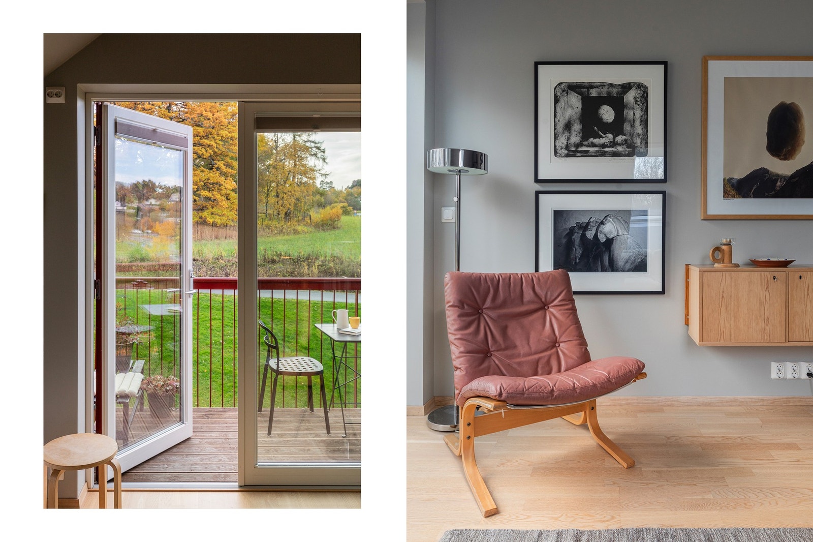 Utgang til balkongen - legg merke til det herlige utsynet mot de grønne omgivelsene. Flotte og frodige omgivelser rett utenfor døra. Det er montert plisségardiner (bestilt på mål) til både verandadøra og glassfeltet ved siden av. Galleribilde