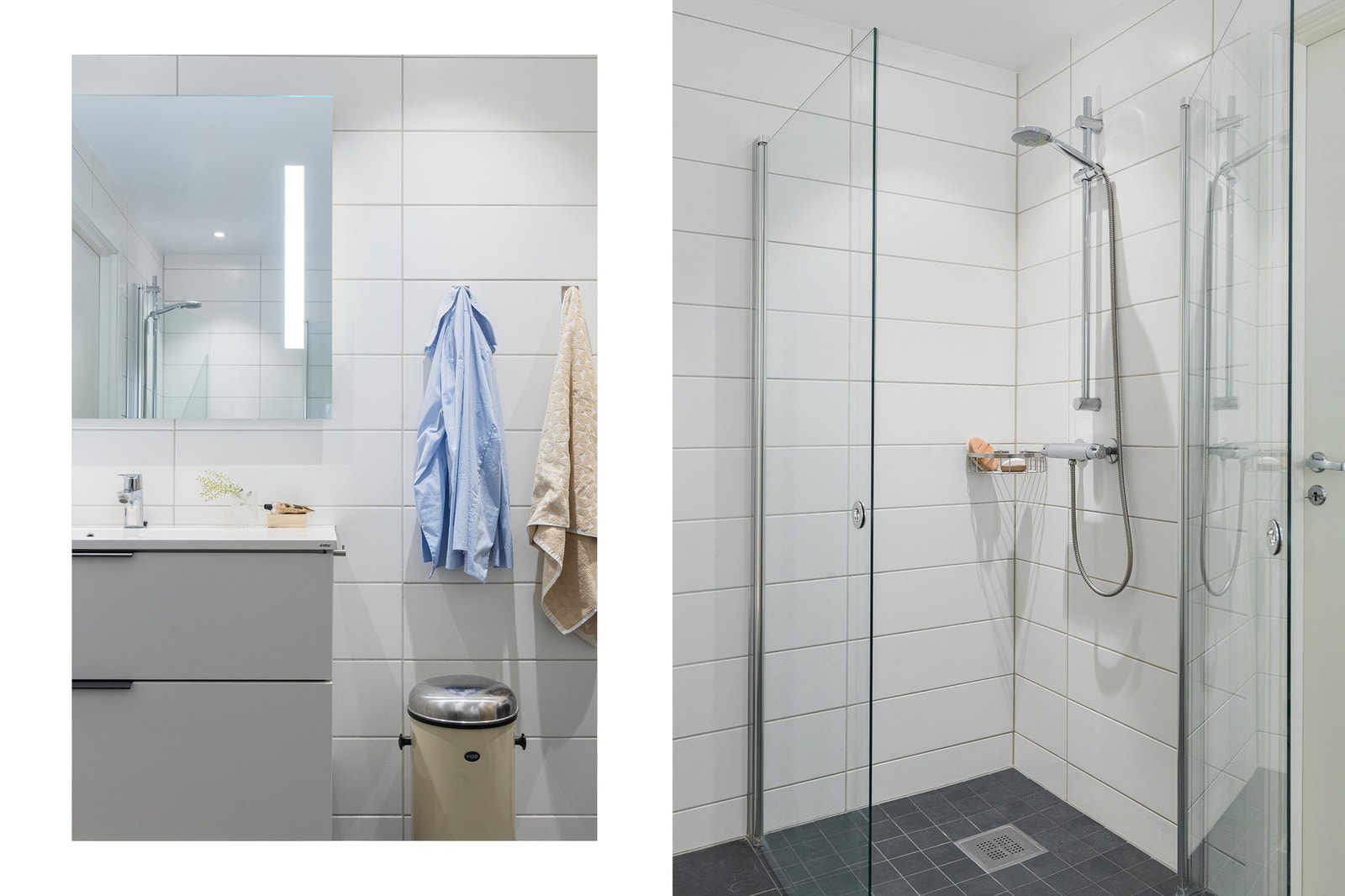 Tidløst og pent bad. Praktisk med innfellbare dusjdører. Galleribilde