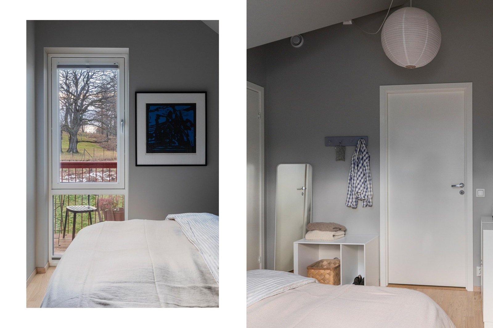 Lunt og pent soverom. Også i dette vinduet er det montert spesialtilpasset plisségardin (lystette). Vannbåren gulvvarme også på soverommet. Galleribilde