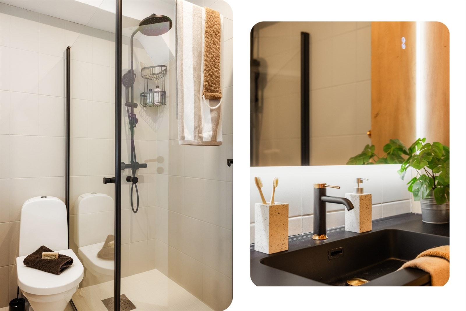 Badet er pusset opp og inneholder dusjvegger i glass, gulvmontert toalett og baderomsinnredning med servant. Badet er helfliset og har varmekabler i gulv. Galleribilde