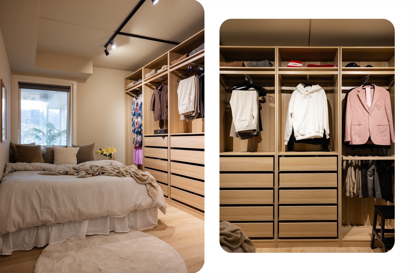 Hovedsoverommet er romslig og har god plass til dobbeltseng med tilhørende møblement som nattbord og kommode Galleribilde