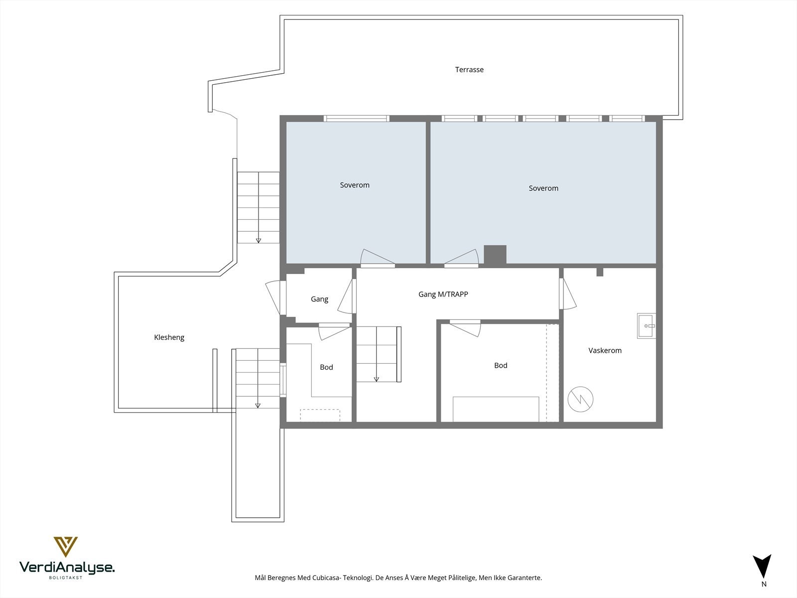 Planløsning over dagens bruk av kjelleretasjen. (Soverommet til høyre er på byggetegninger oppgitt som "disponibelt") Galleribilde