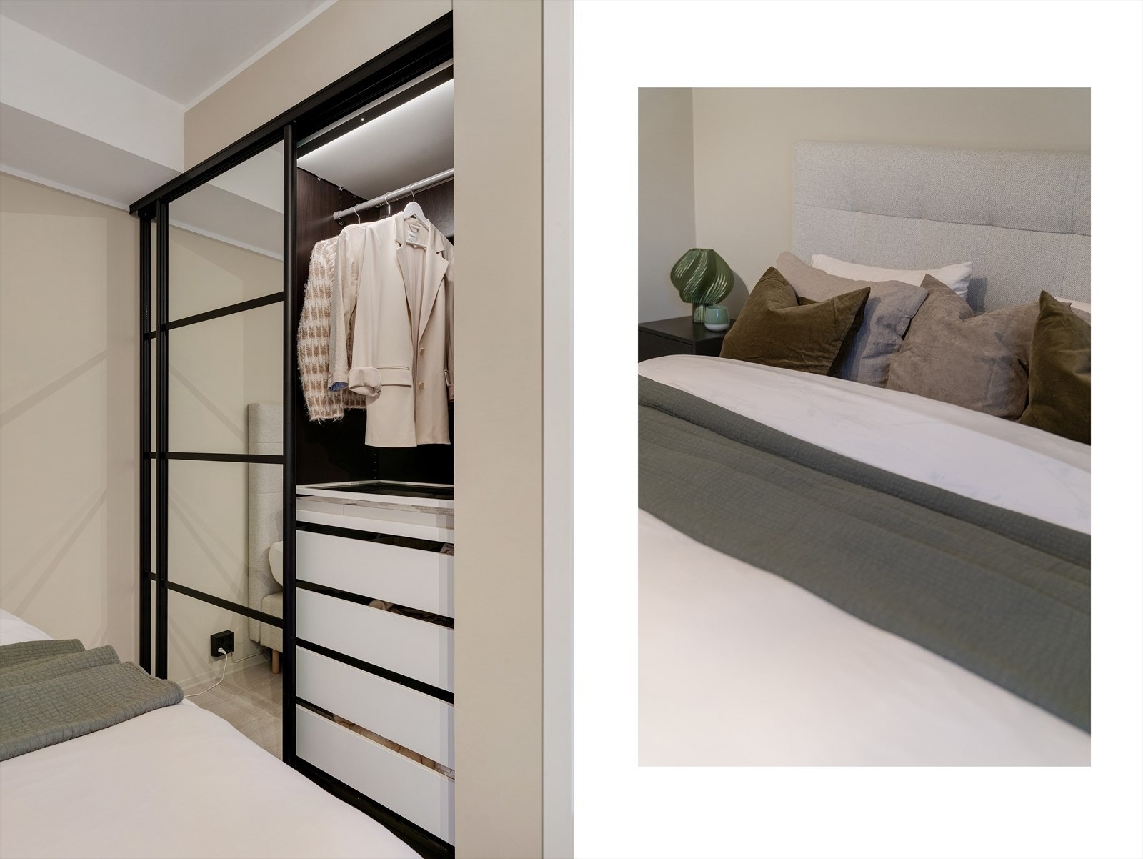 - Lekkert integrert skyvedørsgarderobe med god opppbevaringsplass og montert belysning - Galleribilde