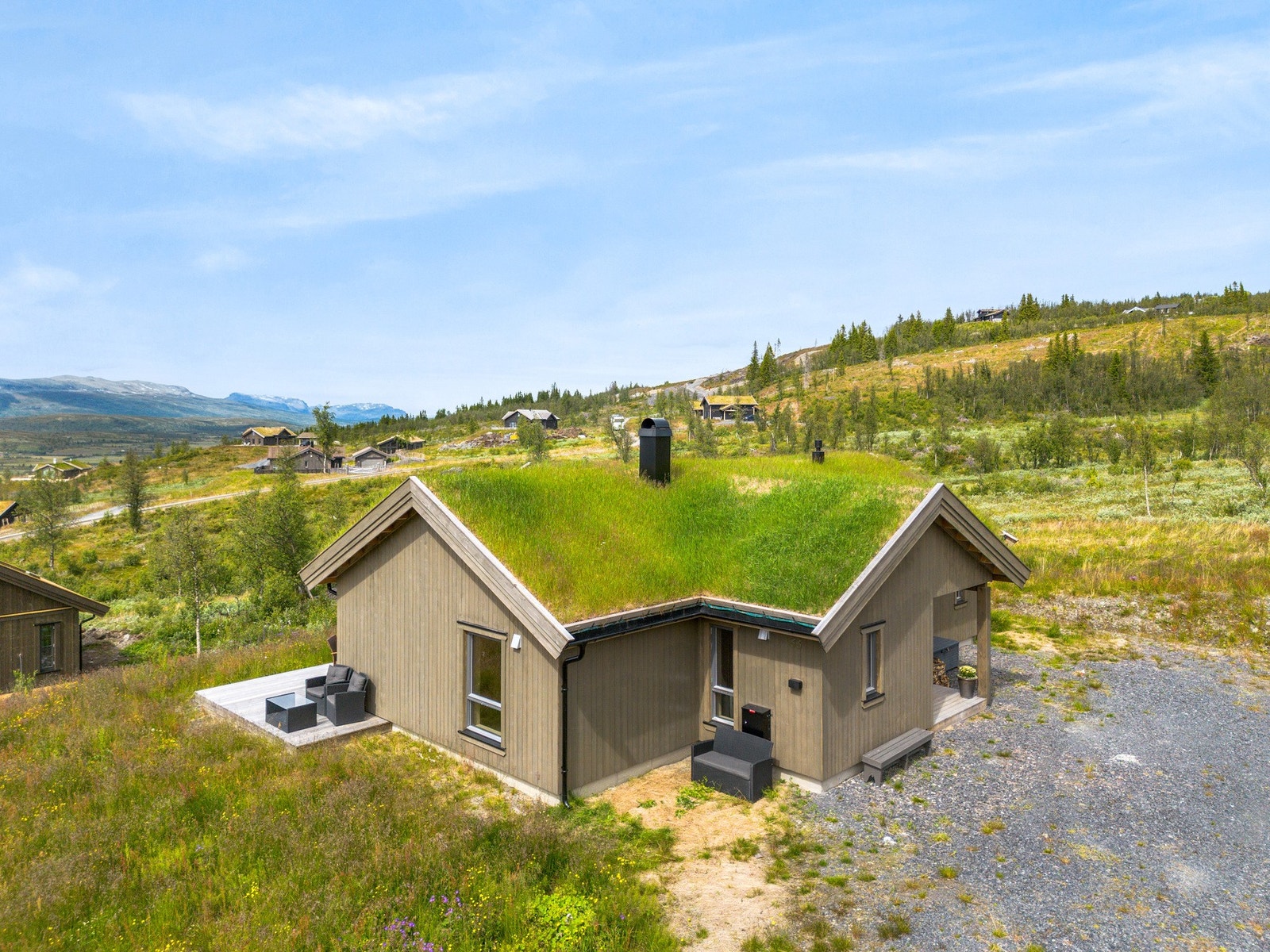Hyttefeltet ligger i svakt hellende terreng, svært åpent med litt bjørkeskog. Galleribilde