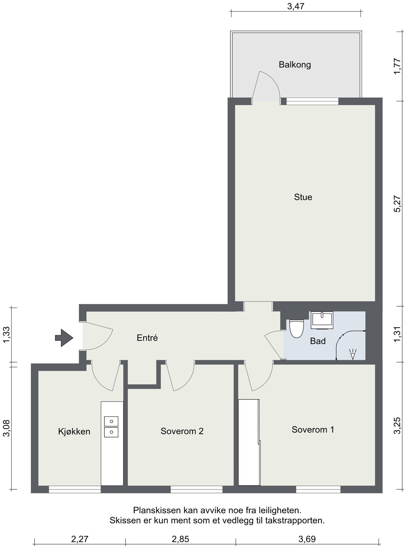 Plantegning. Boligen disponerer én kjellerbod på 9,83m², og én loftsbod på cm 10m² gulvareal med skråtak. Galleribilde