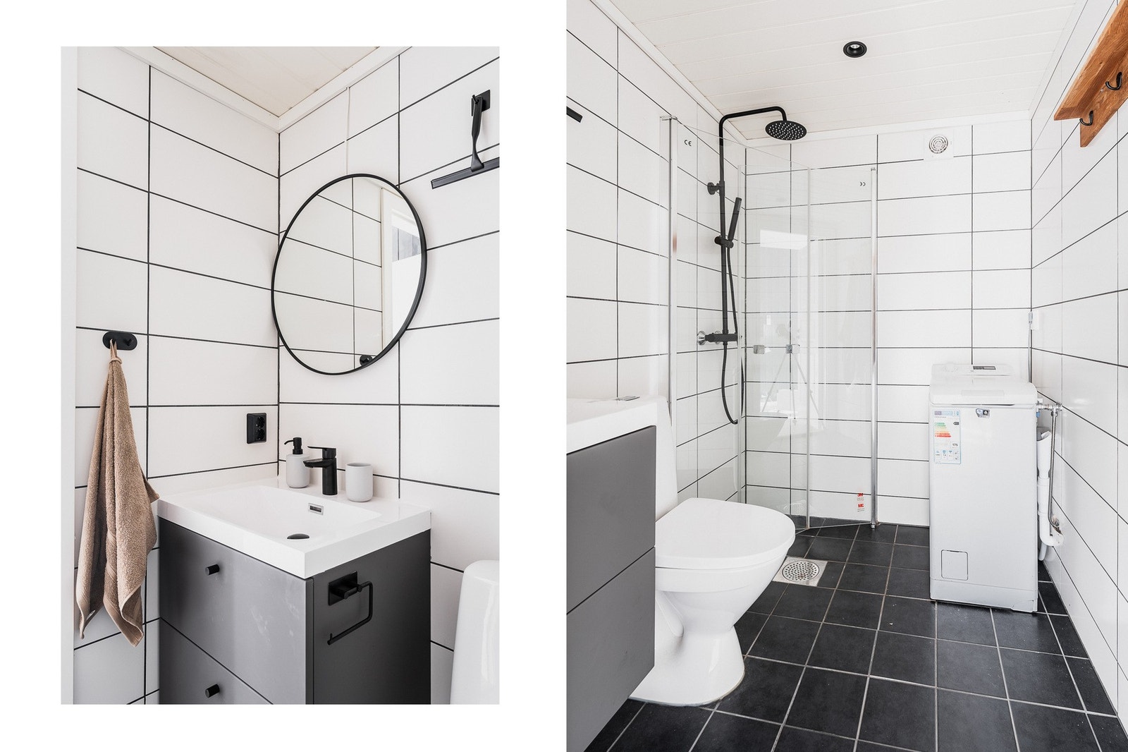 Badet er pent med flislagte overflater, gulvvarme, downlights og opplegg for vaskemaskin. Badet er oppgradert i 2025 med ny innredning, nytt speil og blandebatteri til både servant og dusj. Galleribilde