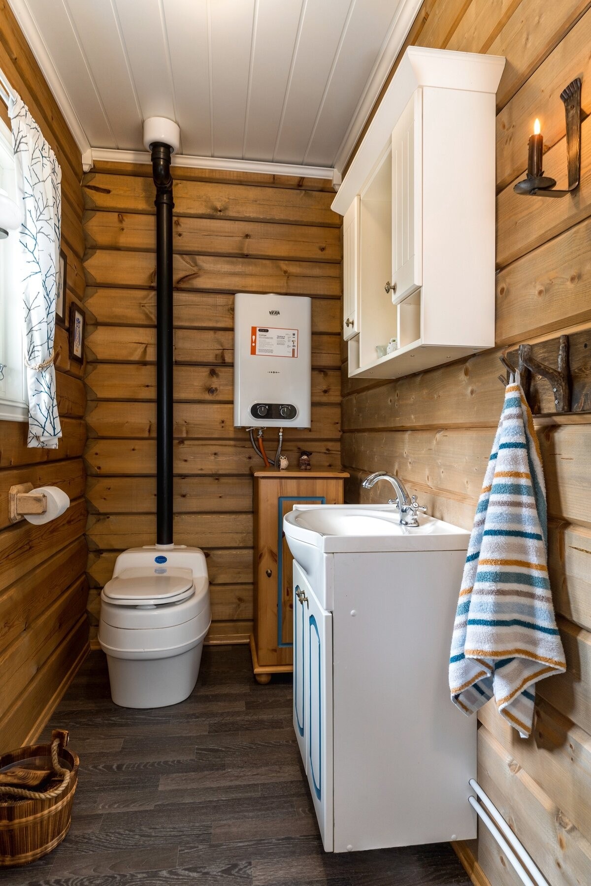 Praktisk toalettrom med servantskap, Separett separasjonstoalett og gass vannvarmer. Galleribilde