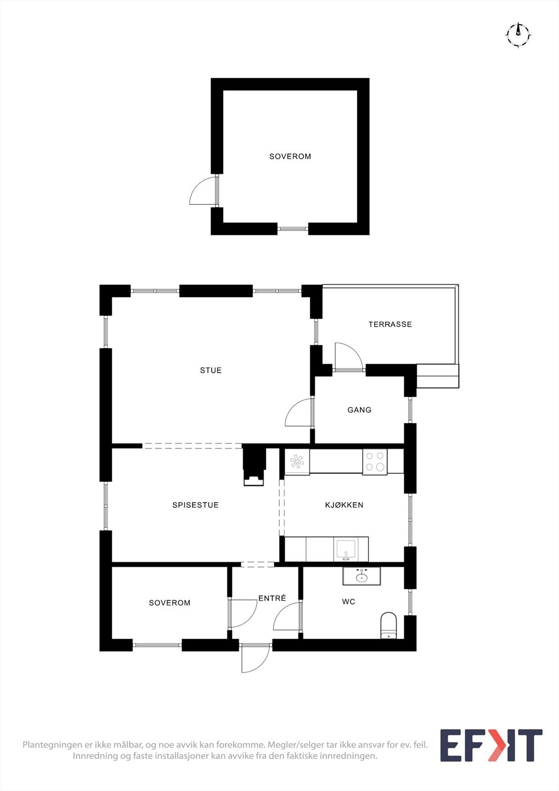 Oversiktlig plantegning av hytta og det separate annekset med ekstra soverom. Galleribilde