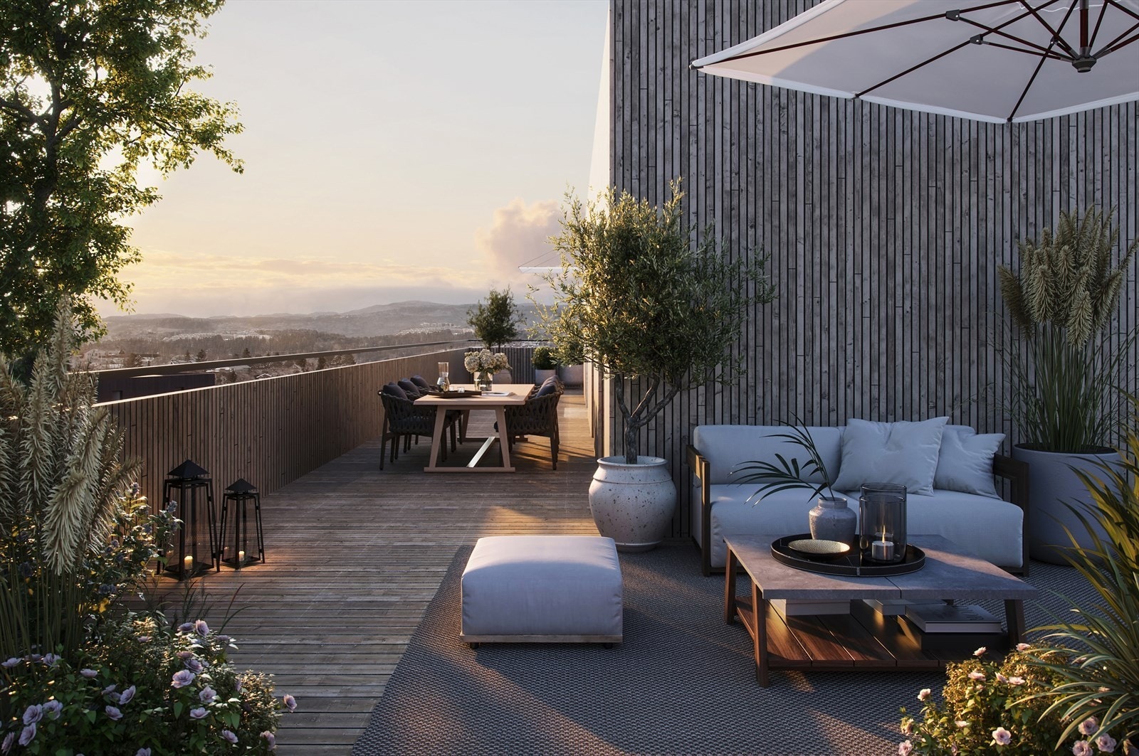 Leiligheten har en privat solrik takterrasse på hele 88kvm med fantastisk utsikt. Galleribilde