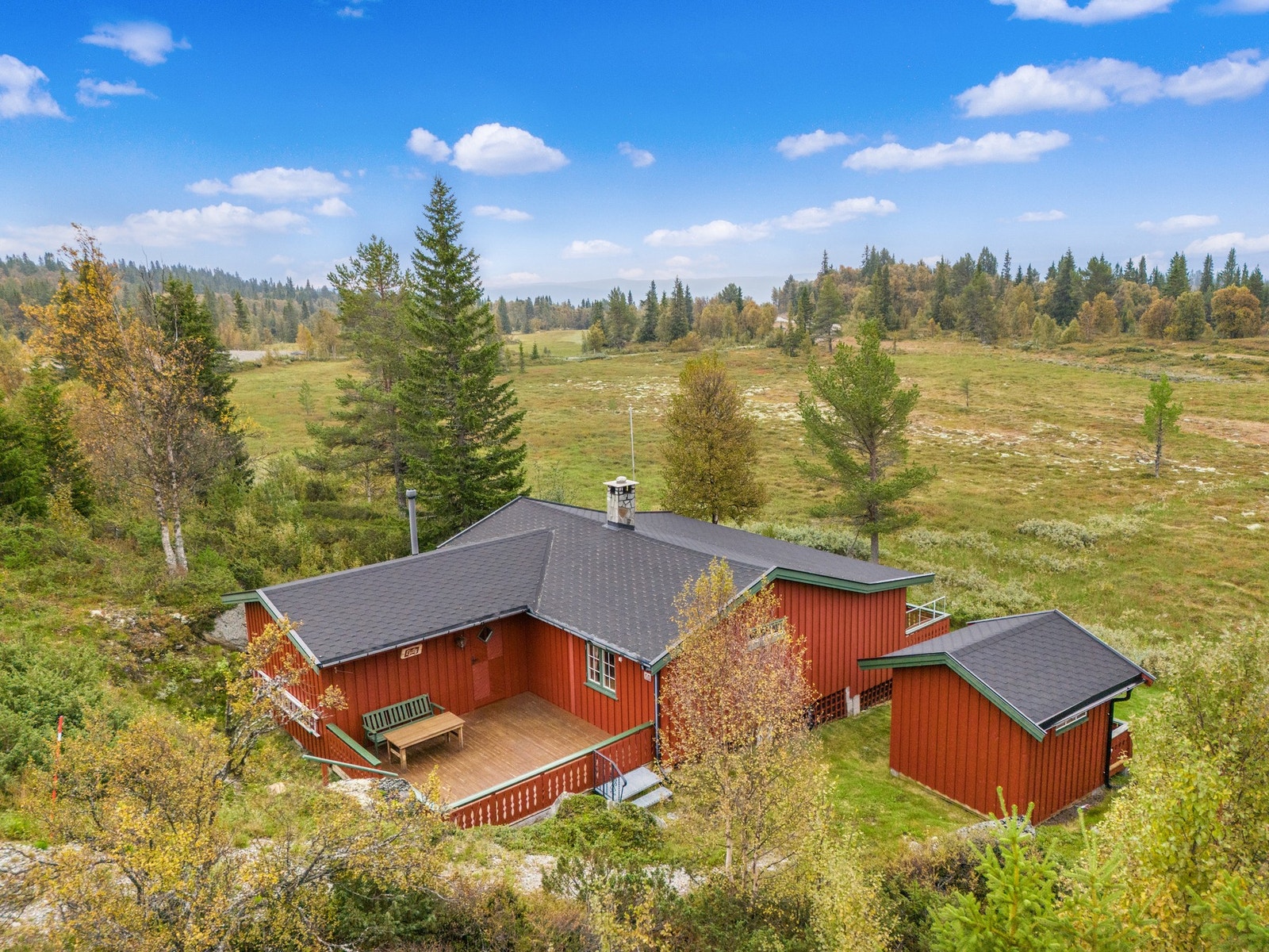 Hytta ligger i naturskjønne omgivelser med utsikt mot Hallingskarvet og omkringliggende fjellområde. Galleribilde