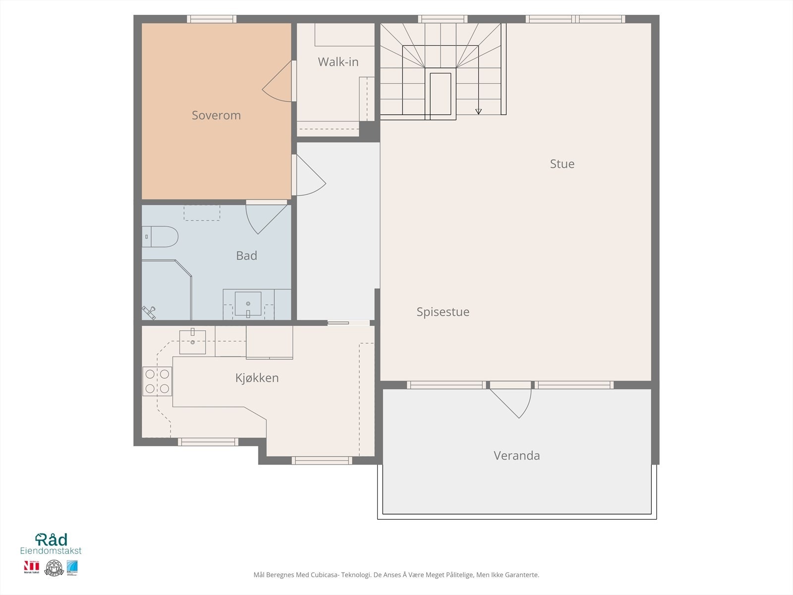 Planløsning over dagens bruk av 1. etg. Samsvarer i hovedsak med de godkjente byggtegningene, bortsett fra en liten halvvegg mellom stue og gang som i dag er tatt bort. Galleribilde