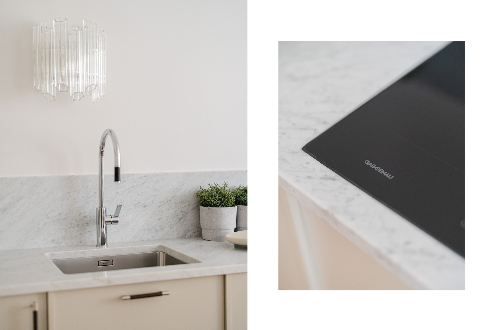 Benkeplate + backsplash i carrera-marmor. Blandebatteri med uttrekkbar tut fra Tapwell. Galleribilde