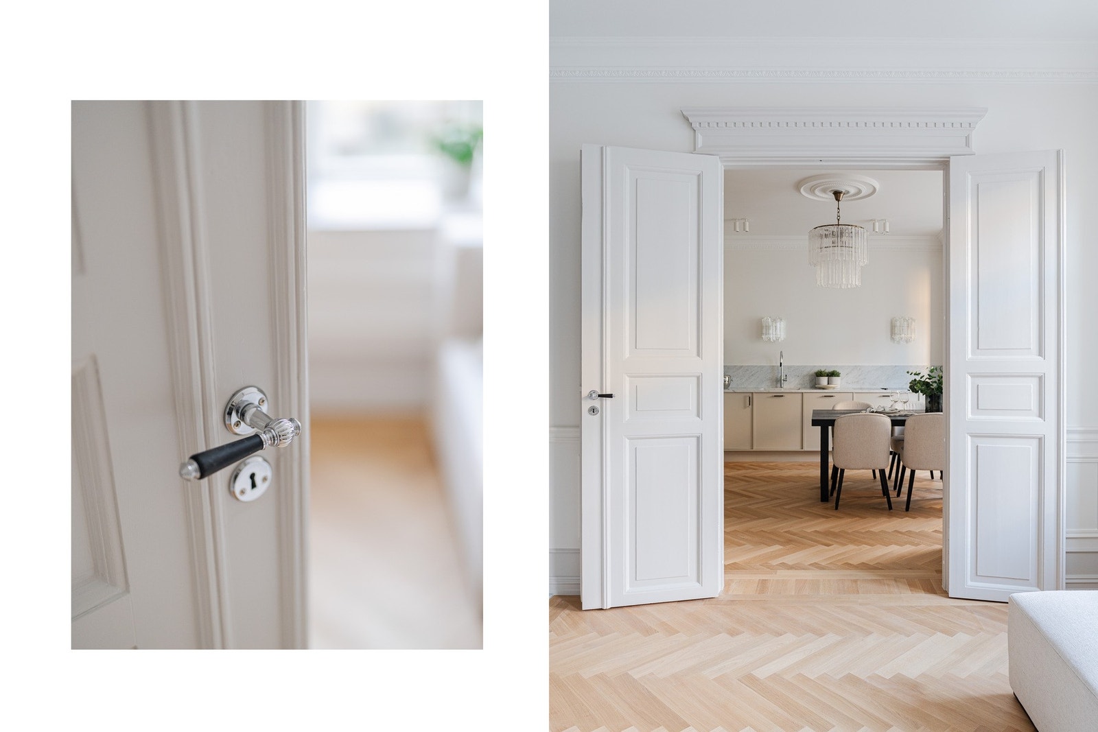 Den klassiske sjarmen fra byggeåret er bevart med restaurerte, doble fløydører. Det er i 2025 montert ny stukkatur og rosett i tråd med leilighetens originale uttrykk. Galleribilde