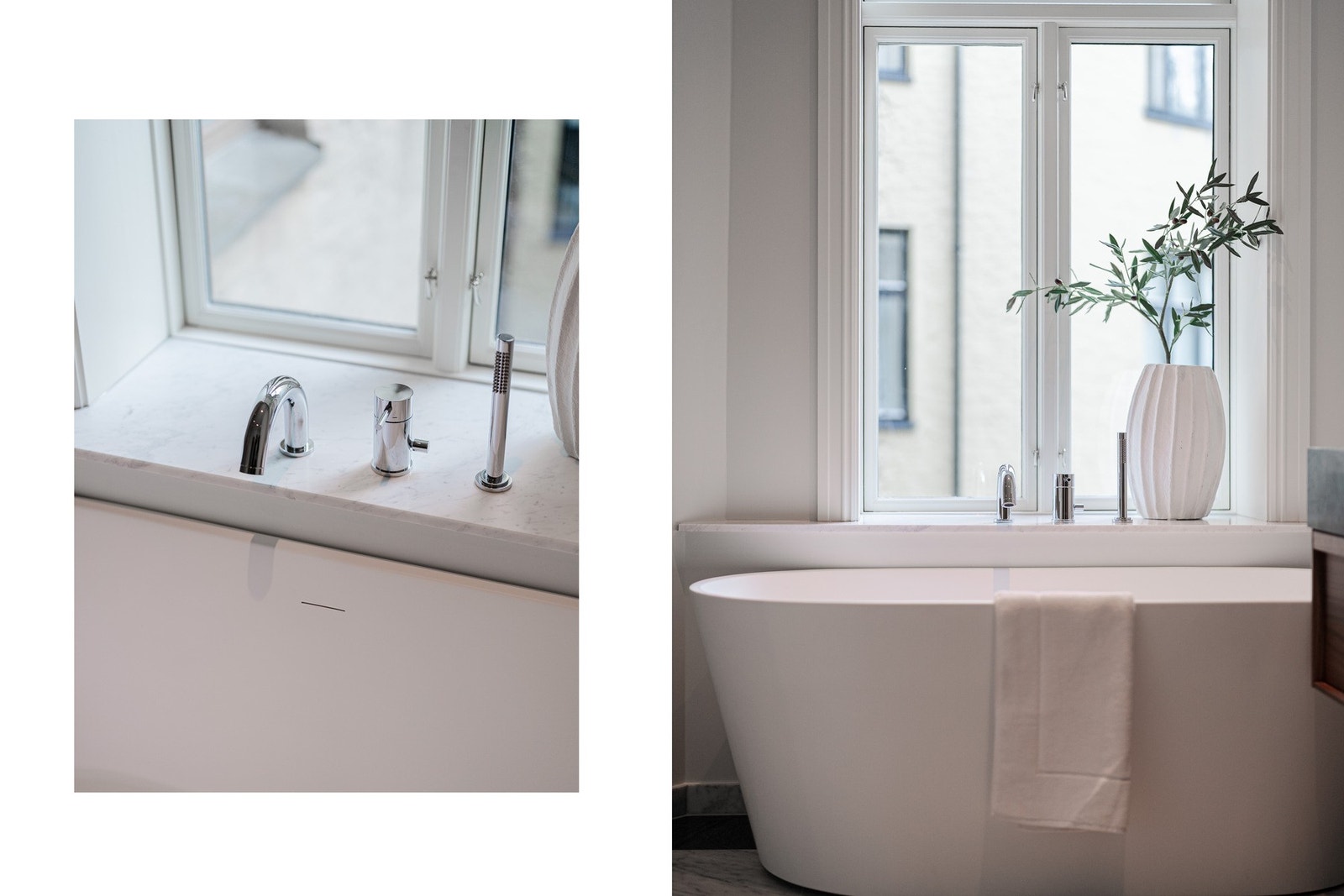 Full takhøyde på baderom, vindu, samt både badekar og dusj. Carrera-marmor i vinduskarm med innebygde armaturer i karmen. Galleribilde