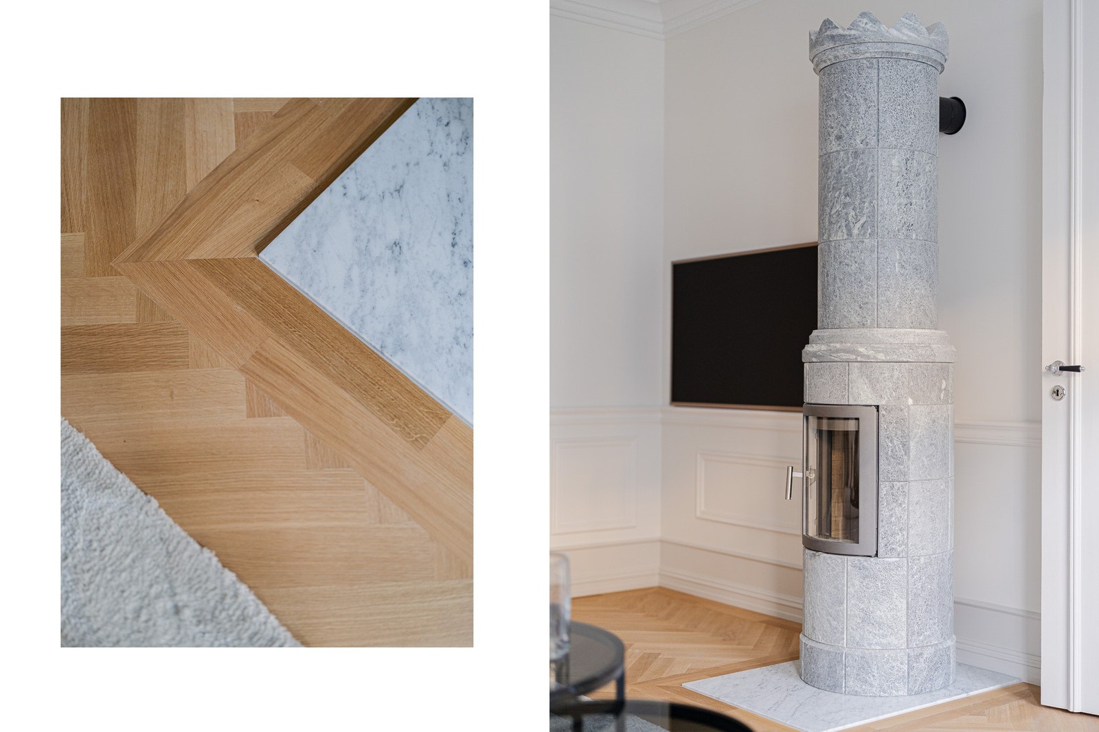 Vakker kleberstensovn med plate i carrera-marmor. Fiskebensparketten er limt stav for stav. Egen termostat i hvert eneste rom for maksimal komfort. Galleribilde