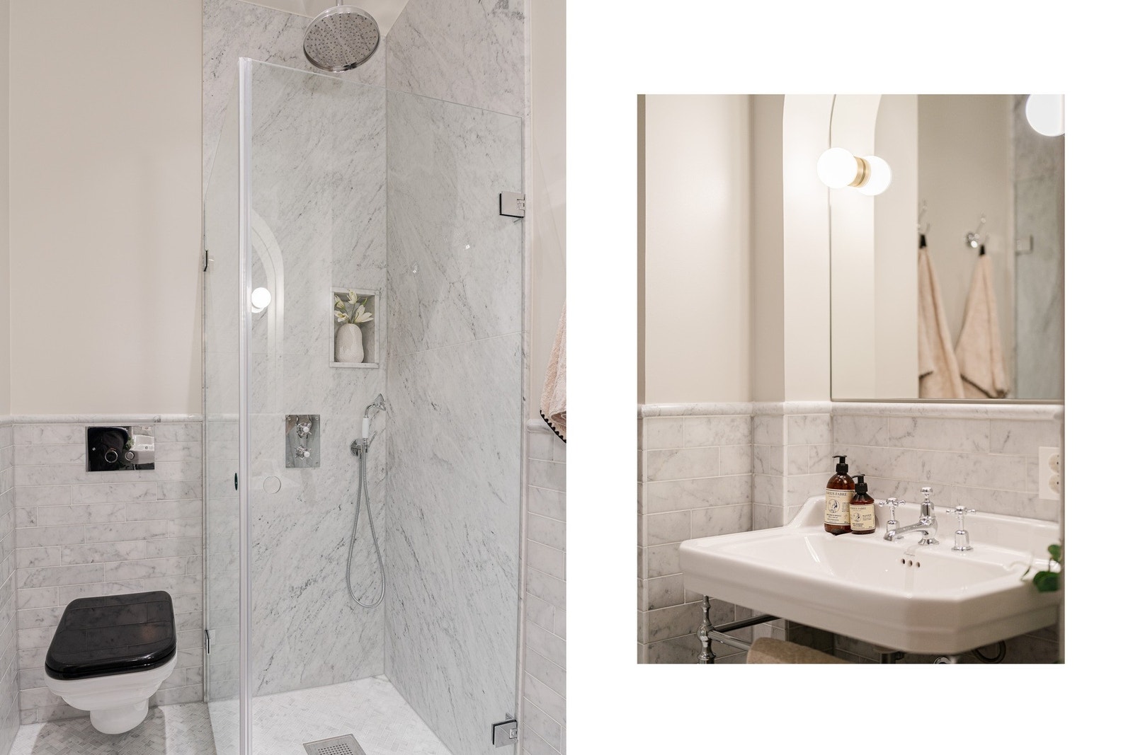 Det andre badet er også av svært påkostet karakter med italienske carrera-marmor fliser samt avrundet kant i samme utførelse. Galleribilde