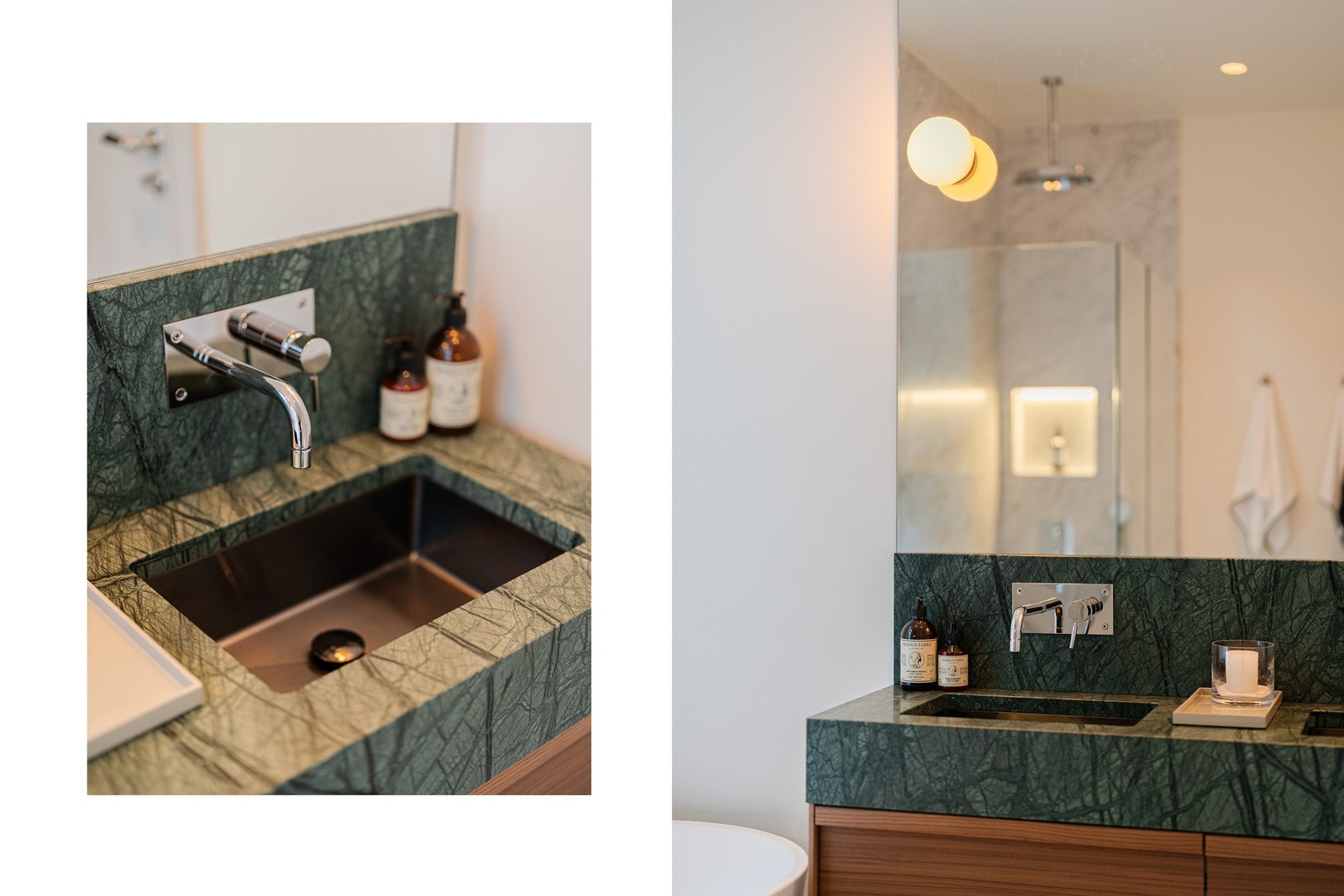 Spesialbestilt speil fra glassmester med skjult anlegg til veggbelysning. Grønn marmor backsplash med innebygde armaturer. Galleribilde