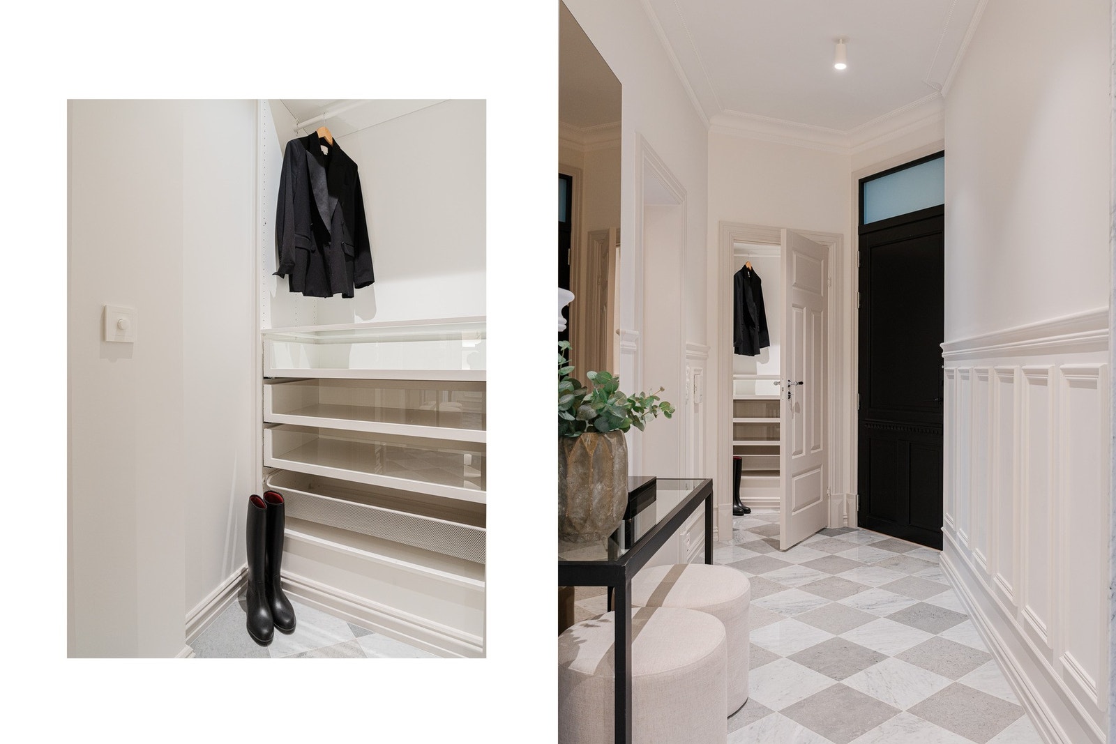 Walk-in closet fra entré med innebygd innredning. Galleribilde