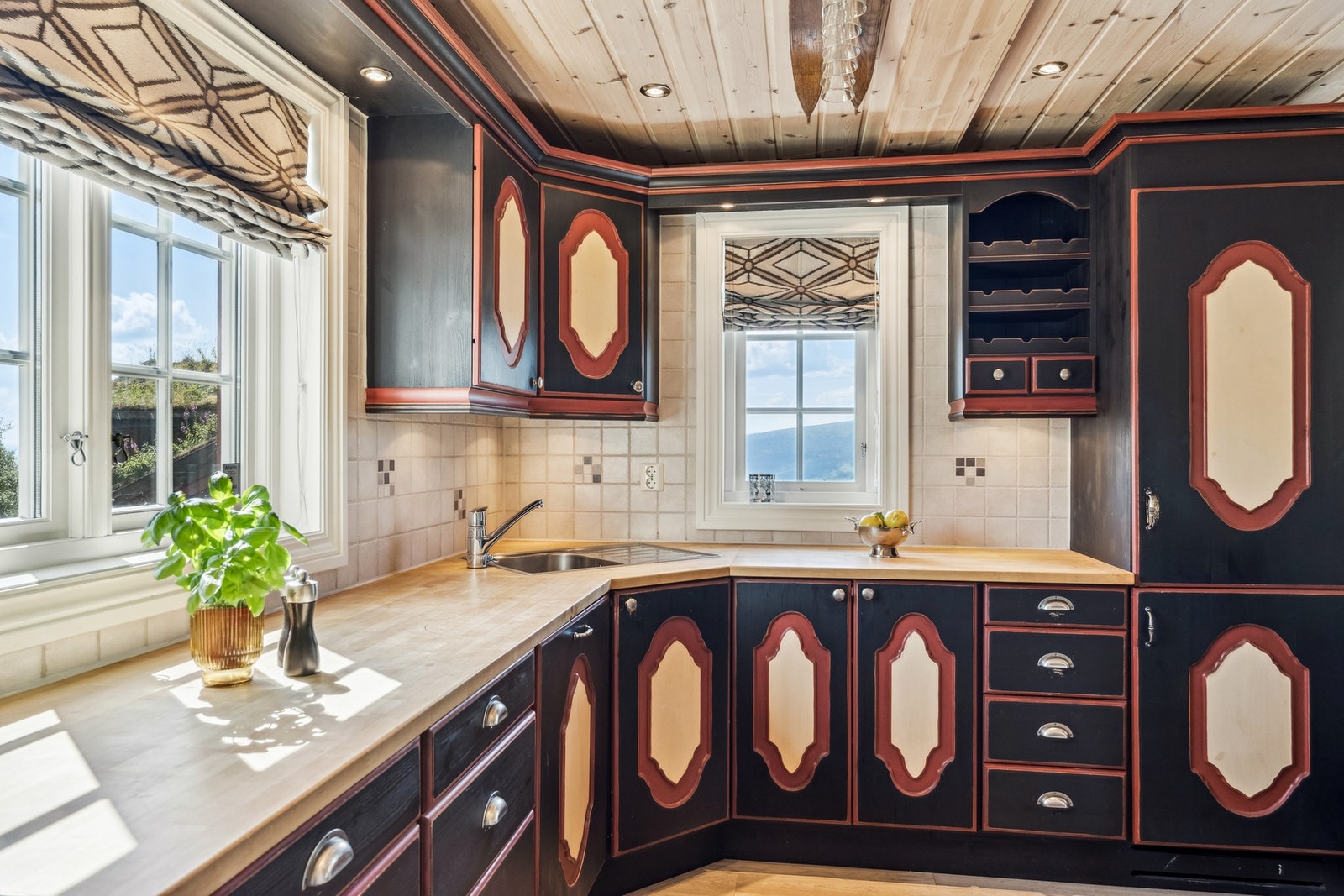 Integrerte hvitevarer som platetopp, komfyr, oppvaskmaskin og kjøl-/fryseskap. Galleribilde