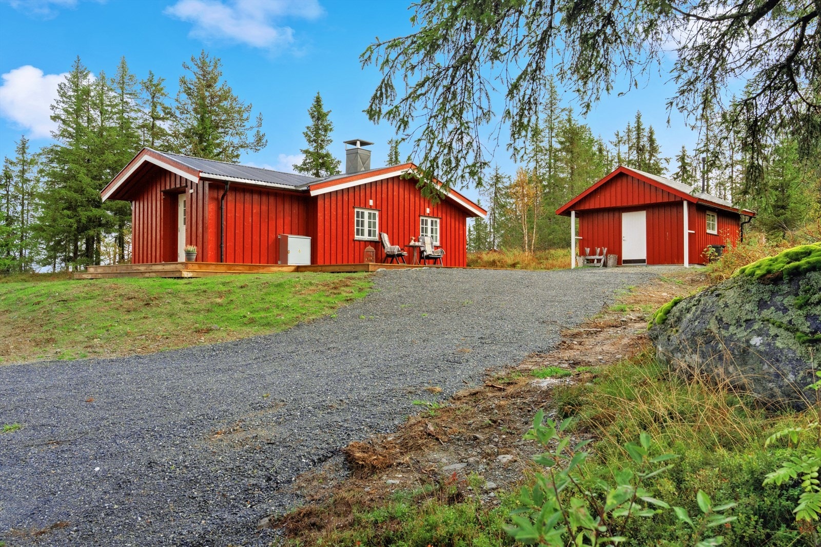 Hytten ligger oppå en kolle, åpent og fint til like ved ett idyllisk tjern hvor man kan ta en oppkvikkende dukkert på varme sommerdager. Galleribilde