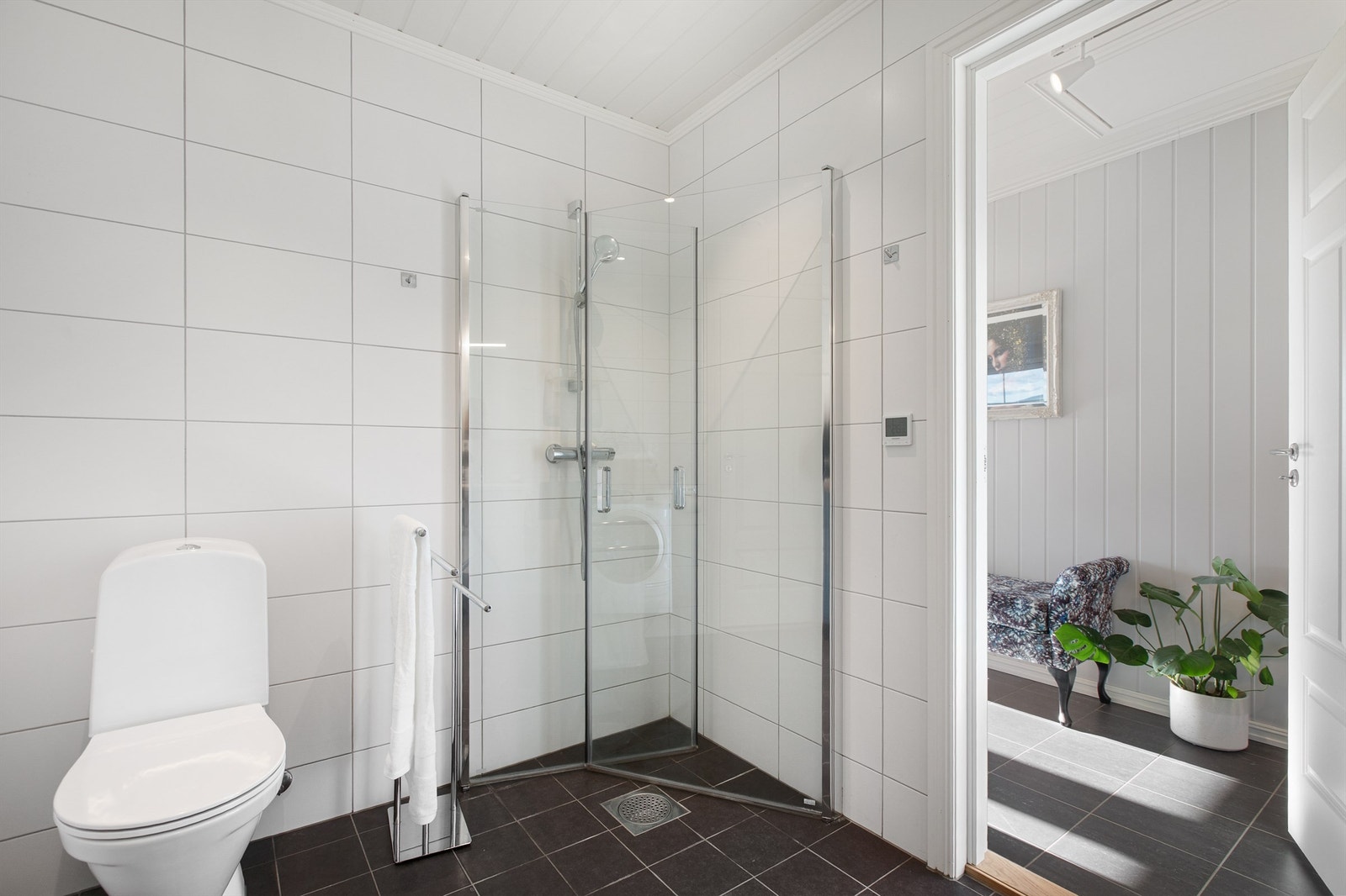 Dusjhjørne med innfellbare glassdører og dusjarmatur. Gulvmontert toalett Galleribilde