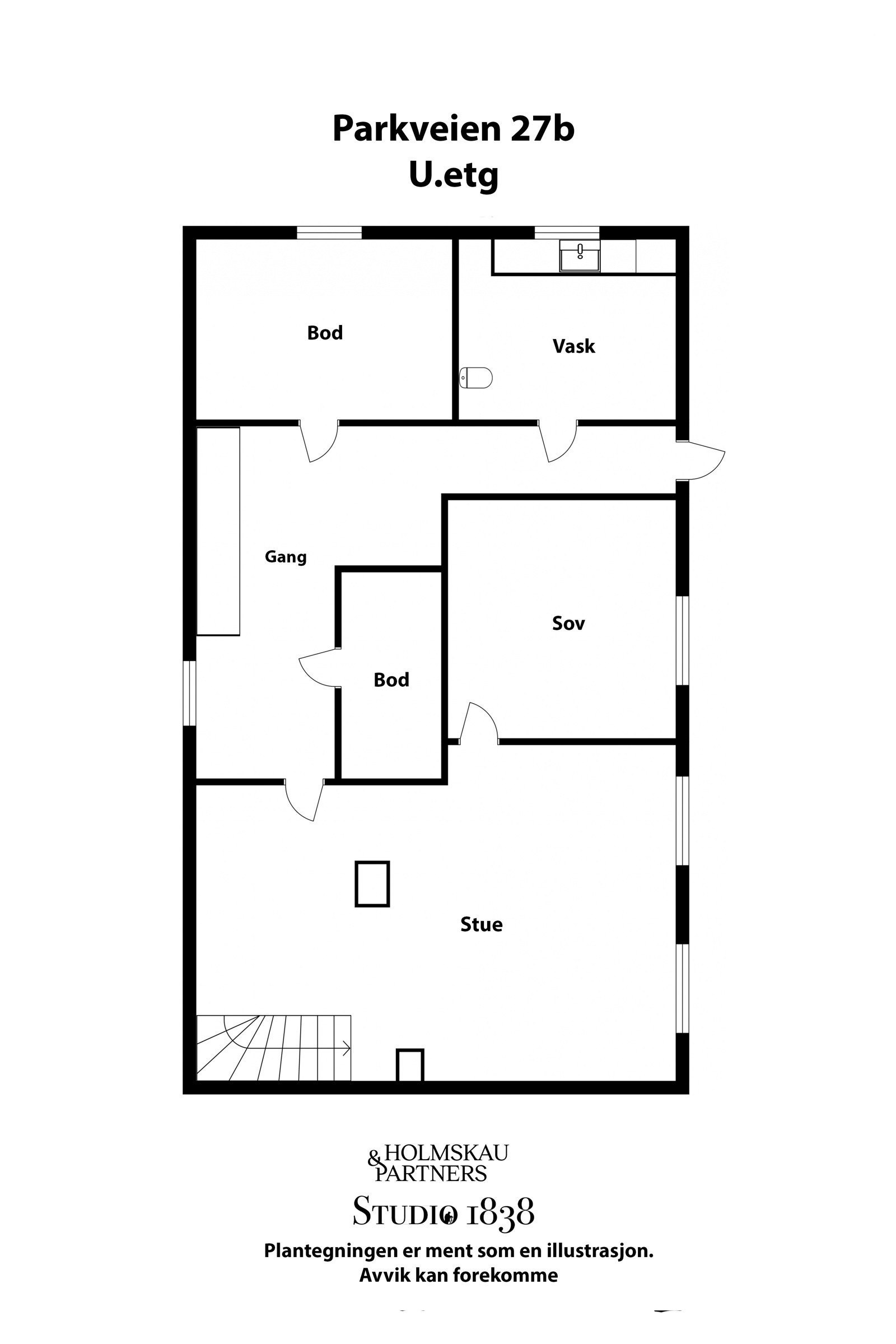 Parkveien 27b, U.etg. Plantegning er tegnet inn etter dagens bruk. Deler av kjeller er innredet, men det er ikke fremvist dokumentasjon på godkjent bruksendring fra tilleggsdel til hoveddel. Galleribilde