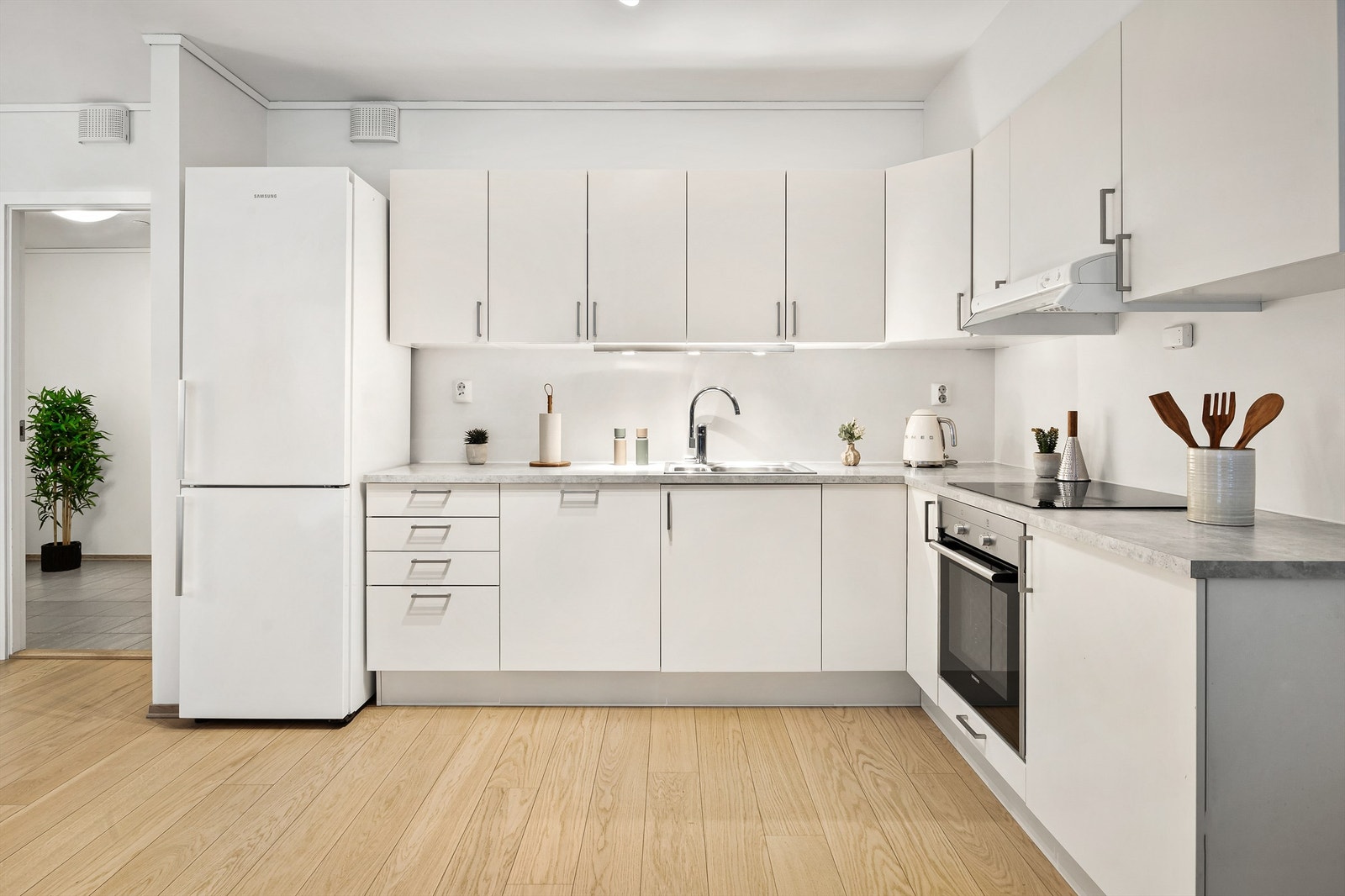 Stilren Sigdal-kjøkkeninnredning med delvis integrerte hvitevarer Galleribilde