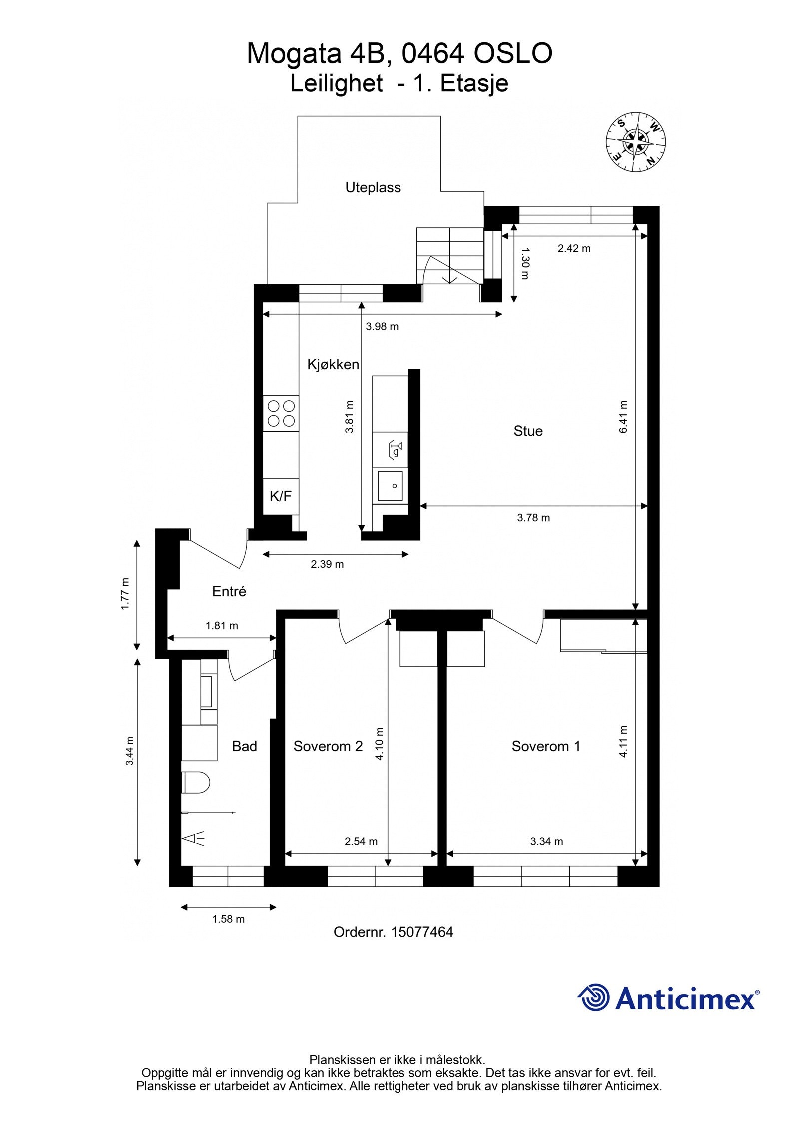Plantegning 1. etasje. I tillegg disponerer leiligheten 2 boder, en kjellerbod på ca. 8m² og en loftsbod på ca. 16m² i gulvareal. Galleribilde