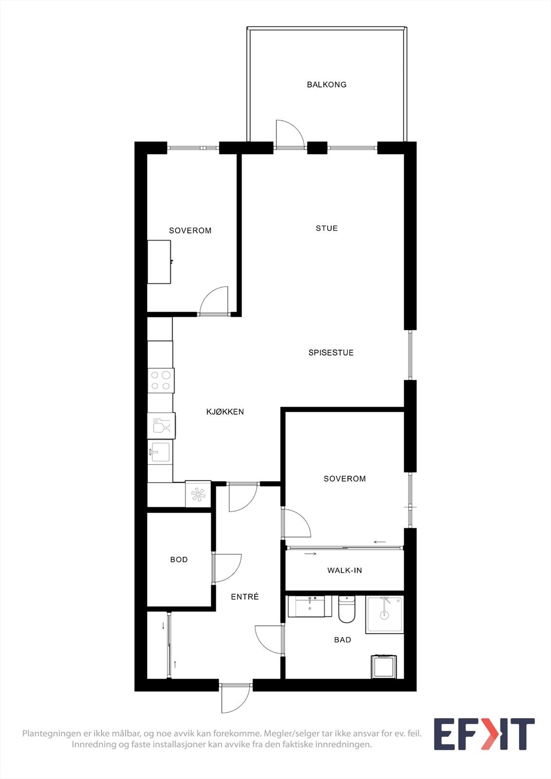 Leiligheten har en praktisk planløsning med stue som har direkte utgang til balkong. Kjøkkenet er utstyrt med integrerte hvitevarer og har en åpen løsning mot spisestuen. Galleribilde