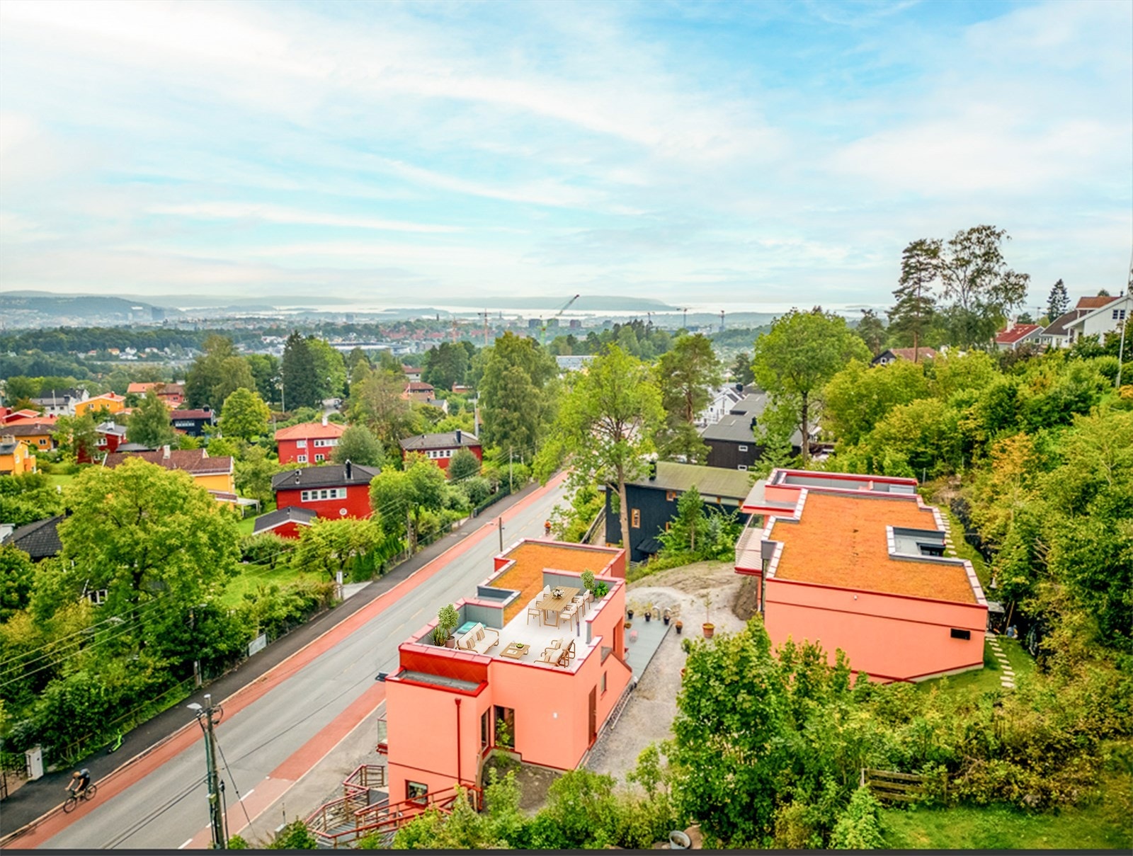 I tillegg er det også en takterrasse på 48 kvm med trappeadkomst, hvor trappen foreløpig ikke er ferdigstilt grunnet påvente av et støpt dekke ved inngangspartiet. Dette er en del av den kommende uteareal planen. Dette er digital styling* Galleribilde