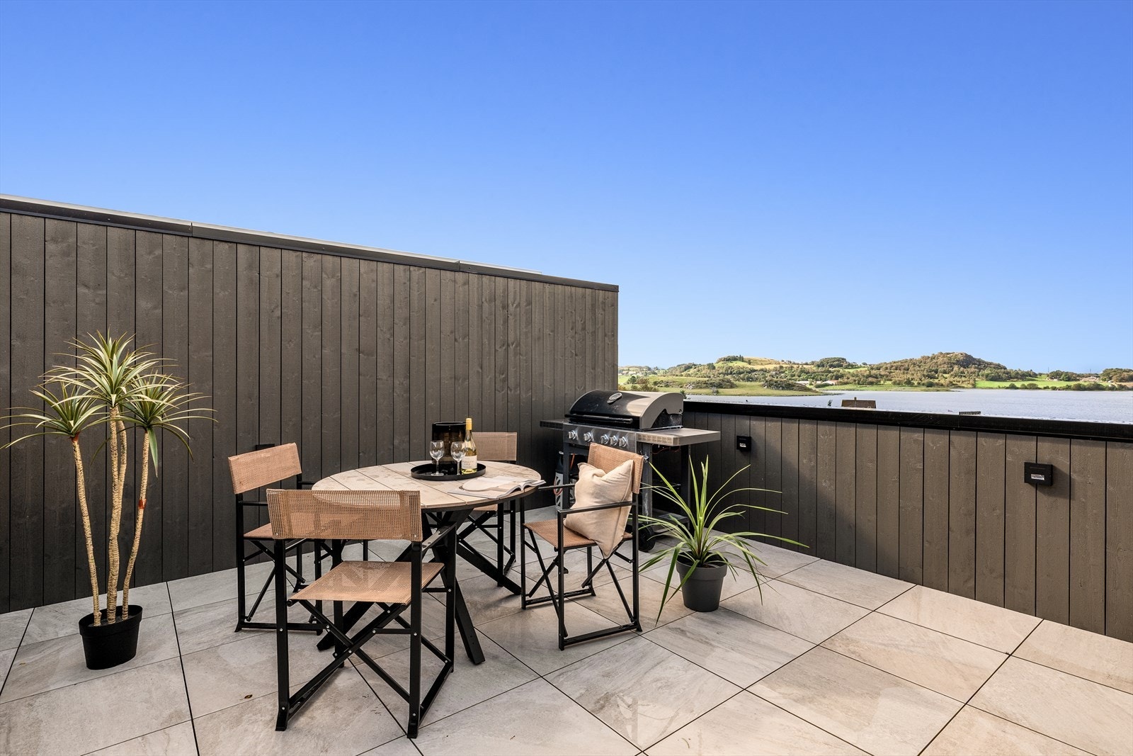 Stor, solrik terrasse med plass til både grill og spisebord - perfekt for sommerdager med utsikt over sjøen Galleribilde