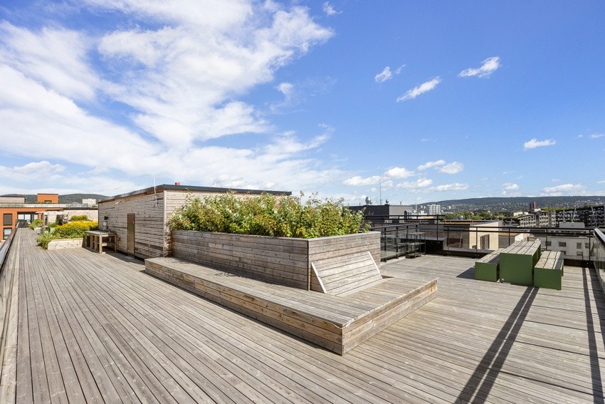 Stor flott felles takterrasse med gode solforhold hele dagen. Galleribilde