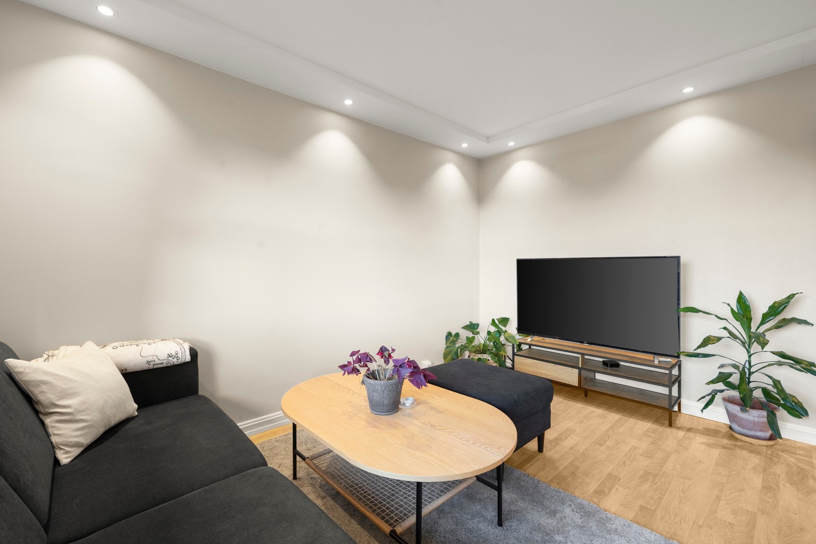 Stue med behagelig atmosfære og naturlig samlingspunkt i boligen. Galleribilde