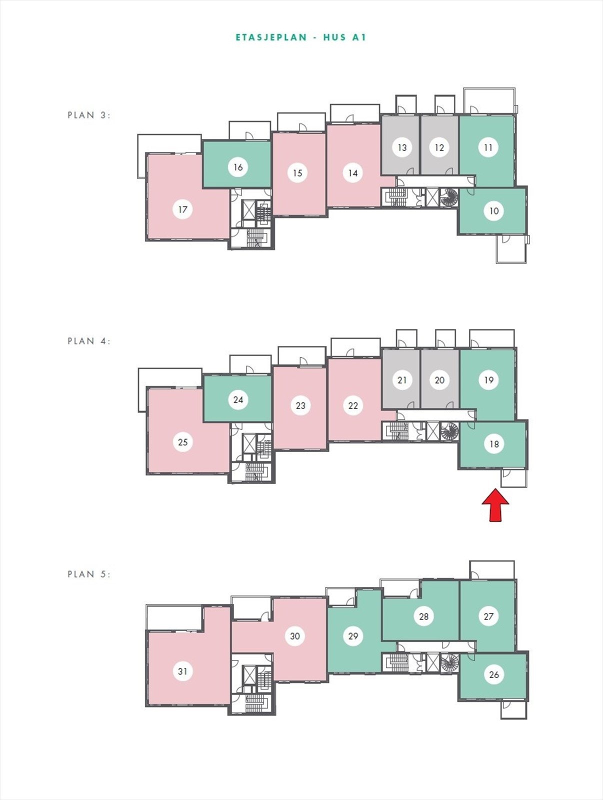 Etasjeplan med markering av leilighetens beliggenhet. Galleribilde