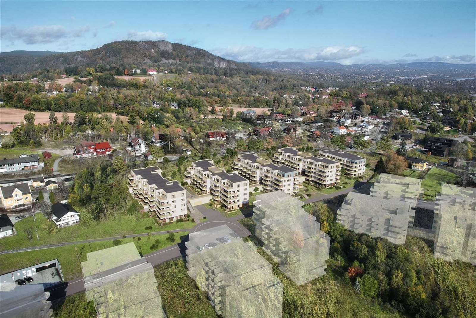 Områdeplan illustrert | Det planlegges etablert til sammen 143 boliger fordelt på 5 hus, A1 - A5. Landås skal over tid bygges ut med ytterligere 3 felt og vil til sammen bestå av omtrent 650 boliger når alt er bygget ut. Avvik kan forekomme. Galleribilde