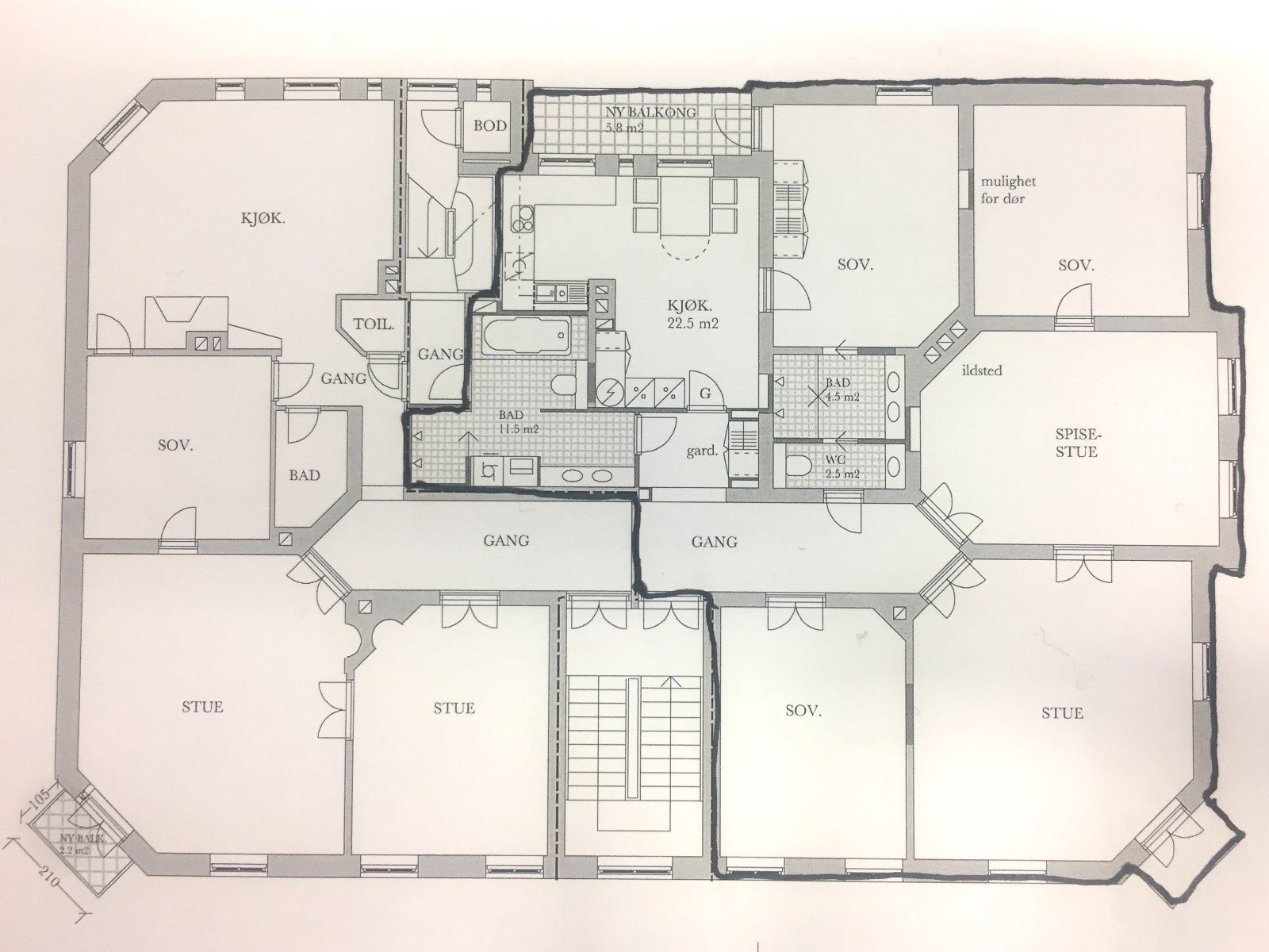 Plantegning. Leiligheten ligger i den markerte delen av tegningen. Galleribilde