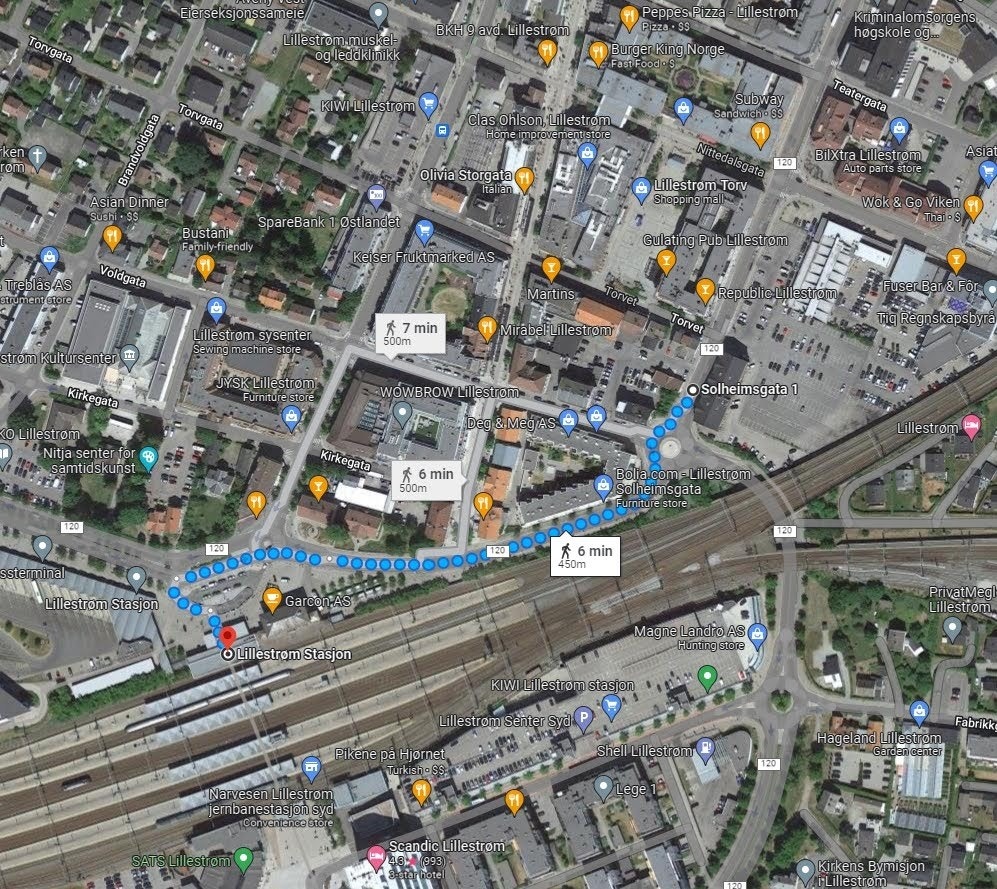 Kart som viser den korte gangavstanden til Lillestrøm stasjon Galleribilde