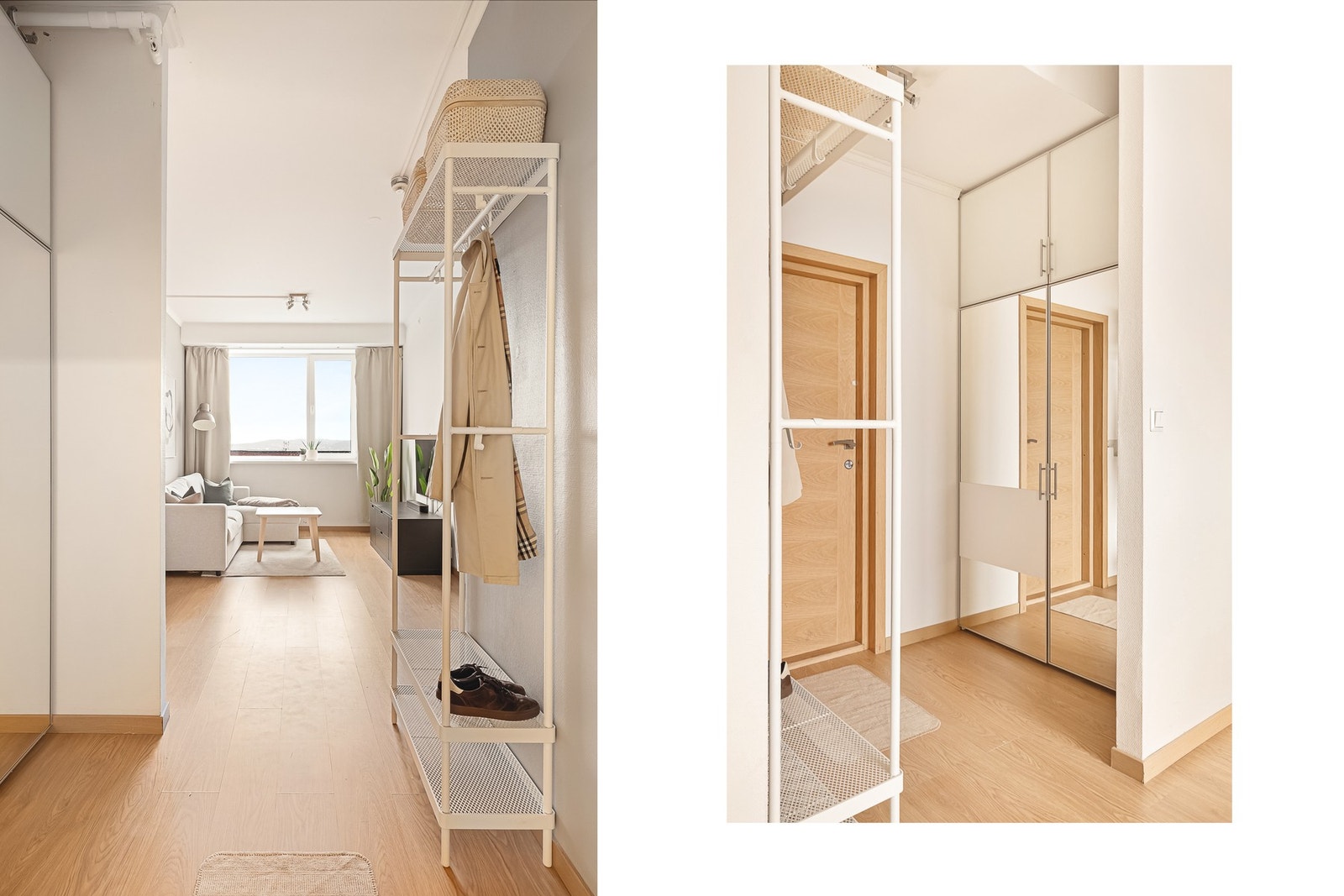 Velkommen inn - Det første som møter deg er en romslig entre med mulighet for oppheng av klær og lagring i en stor garderobeskapsløsning med speil. Galleribilde