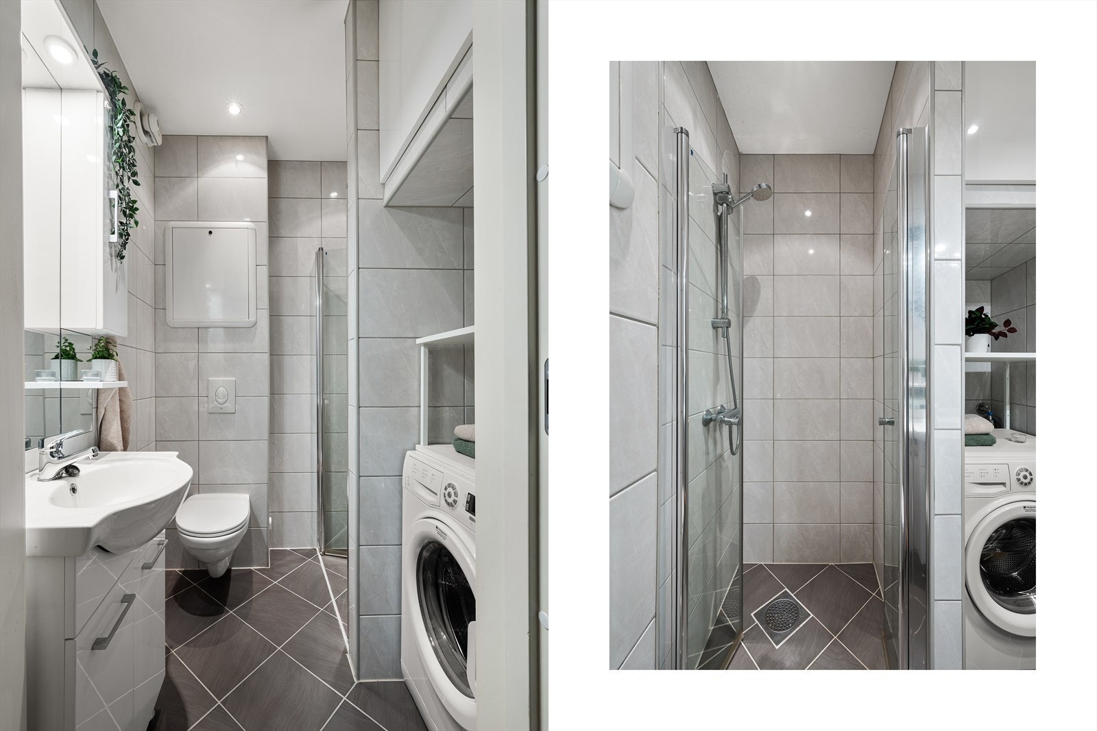 - Helfliset baderom med tidløst farge- og materialvalg. Legg merke til den praktiske vaskenisjen til høyre - Galleribilde