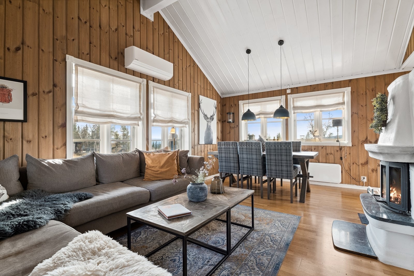 Lun og luftig stue med masse innslipp av dagslys fra ytre himmelretninger - Oppvarming med både varmepumpe(2023), panelovn og vedfyring Galleribilde