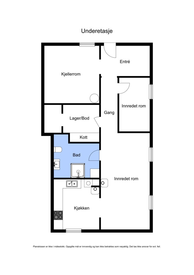 Planløsning underetasje. Etasjen har for lav takhøyde og og det minste innredede rommet har for lite lysinnslipp til at rommene er godkjent brukt som oppholdsrom. Galleribilde