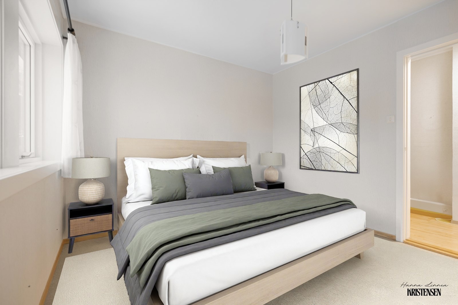 Soverom - Digital møblering som viser soverommets flotte potensial og plass til dobbeltseng og narrbord Galleribilde